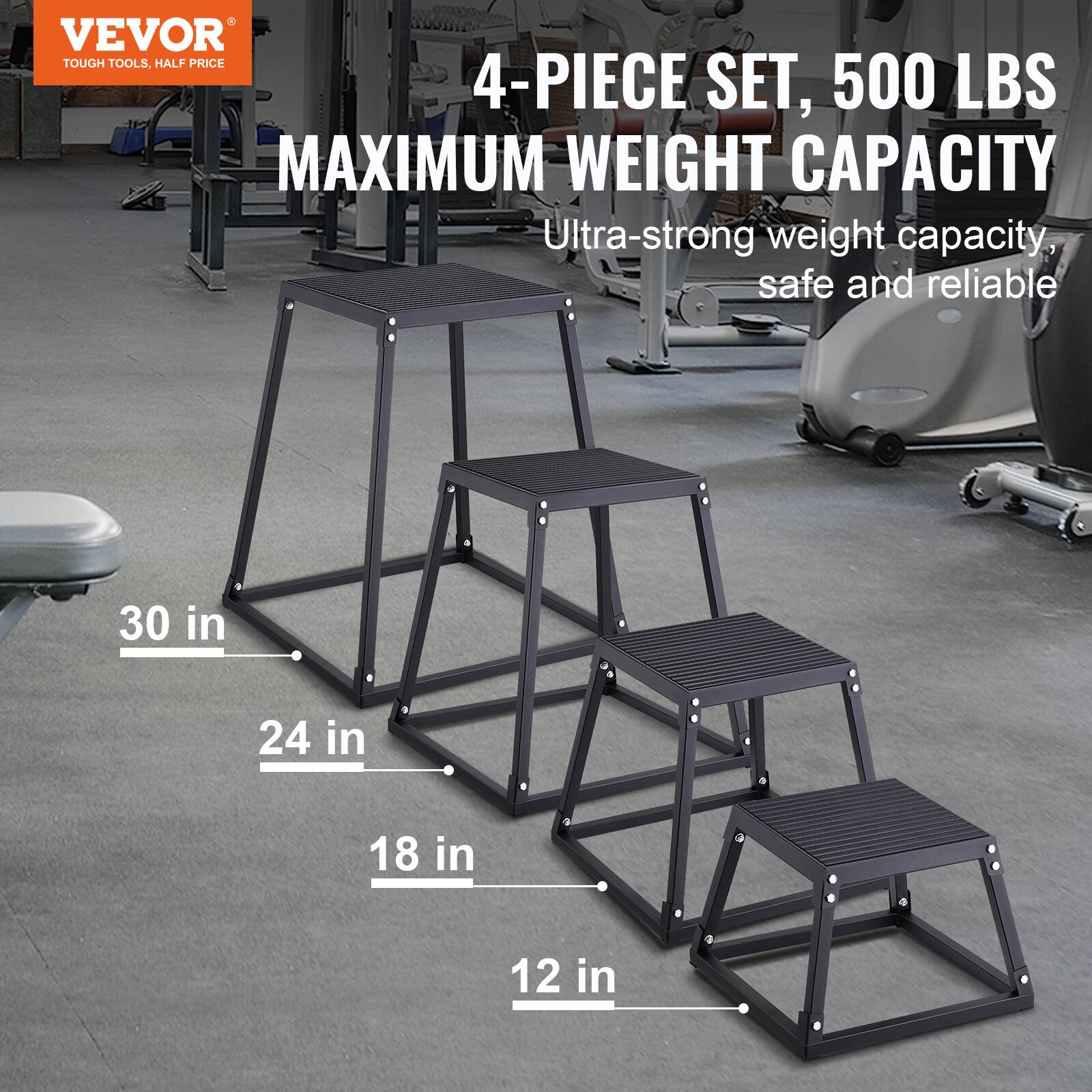 VEVOR TOUGH TOOLS, HALF PRICE 4-PIECE SET, 500 LBS MAXIMUM WEIGHT CAPACITY. Ultra-strong weight capacity, safe and reliable. 30 in, 24 in, 18 in, 12 in.