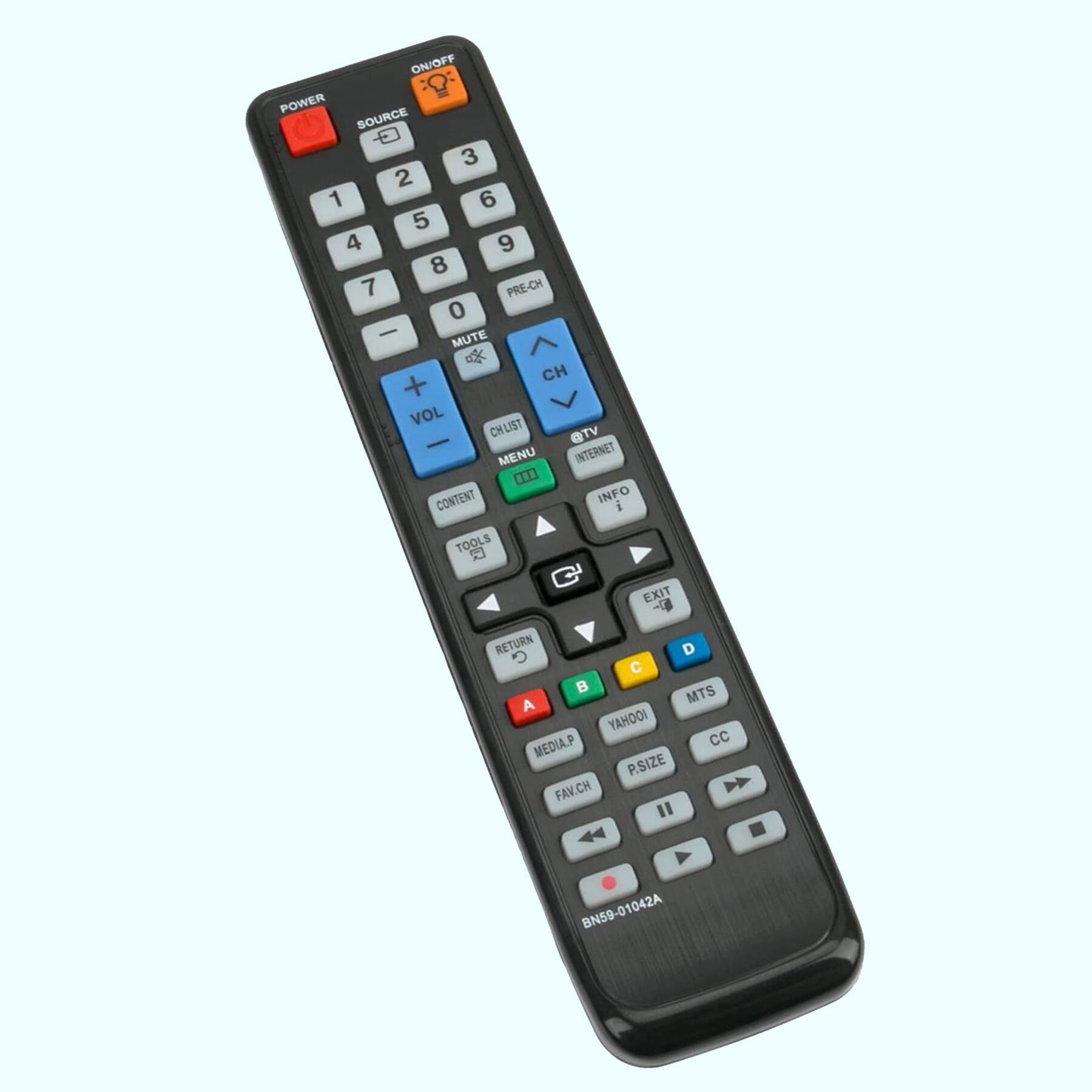 ON/OFF POWER SOURCE  
1 2 3 4 5 6 7 8 9 0  
PRE-CH MUTE CH + VOL CHLIST QTV - MENU INTERNET .1. CONTENT INFO i TOOLS x EXIT - RETURN D C MTS A YAHOOI MEDIA.P cc P.SIZE FAV.CH BN59-01042A