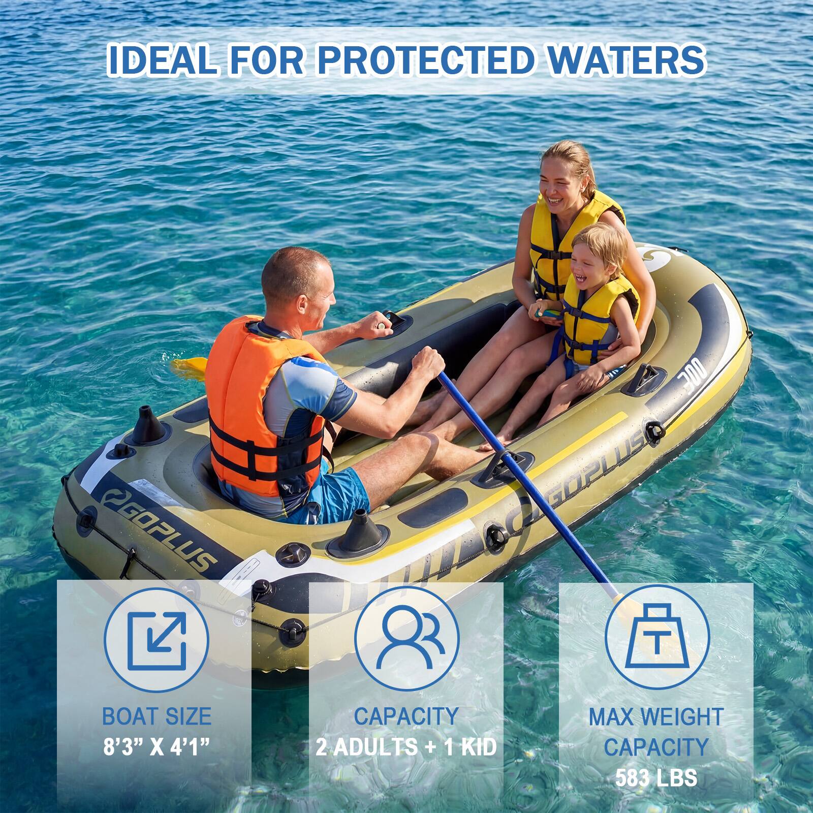 IDEAL FOR PROTECTED WATERS

300 S PGOPLUS T

BOAT SIZE: 8'3" X 4'1"

CAPACITY: 2 ADULTS + 1 KID

MAX WEIGHT CAPACITY: 583 LBS
