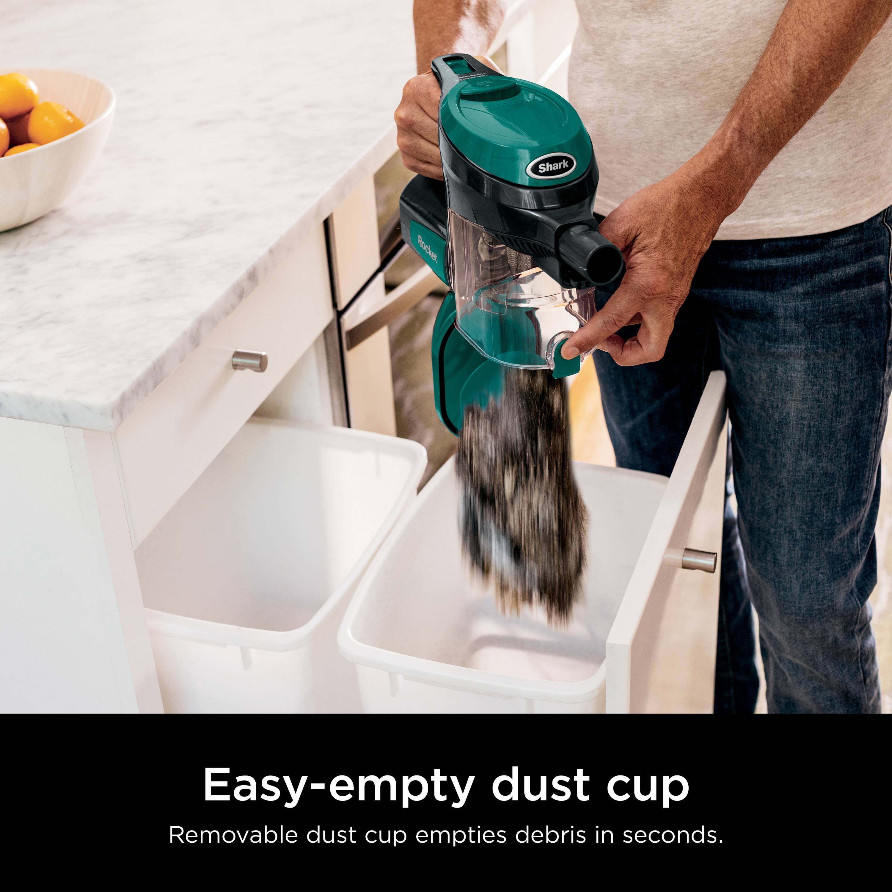 Shark Rduet Easy-empty dust cup Removable dust cup empties debris in seconds.