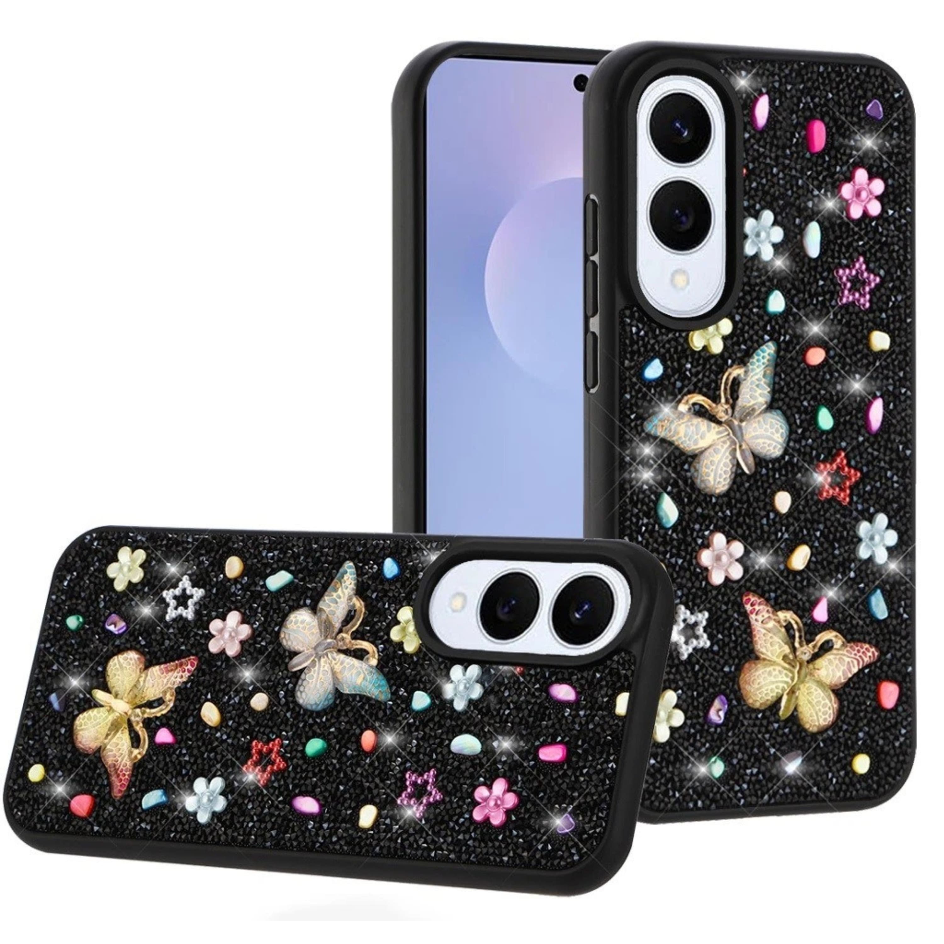 Kitcheniva - Butterfly 3D Rhinestone Glitter Protective Cover With Tempered Glass For Samsung S25 Edge - Black