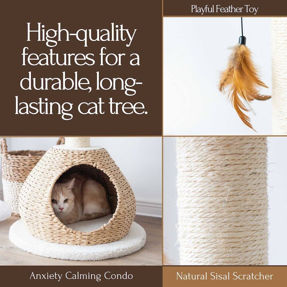 High-quality features for a durable, long-lasting cat tree.

- Playful Feather Toy
- Anxiety Calming Condo
- Natural Sisal Scratcher