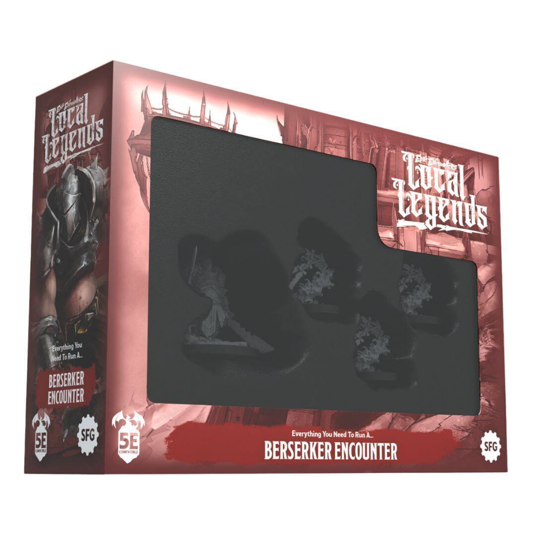 The text on the image can be grouped and corrected as follows:

**Front Cover:**
- "The Desolate Legends"
- "Everything You Need To Run A BERSERKER ENCOUNTER"
- "5E Compatible"
- "SFG"

**Side Panel:**
- "The Desolate Legends"
- "Everything You Need To Run A BERSERKER ENCOUNTER"
- "5E Compatible"
- "SFG"

**Back Panel:**
- "The Desolate Legends"
- "Everything You Need To Run A BERSERKER ENCOUNTER"
- "5E Compatible"
- "SFG"