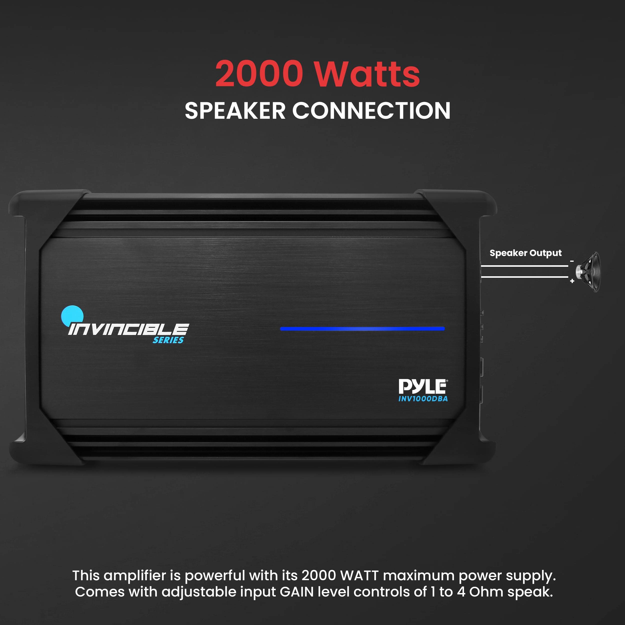 2000 Watts SPEAKER CONNECTION

Speaker Output

INVINCIBLE SERIES

PYLE INV1000DBA

This amplifier is powerful with its 2000 WATT maximum power supply. Comes with adjustable input GAIN level controls of 1 to 4 Ohm speak.