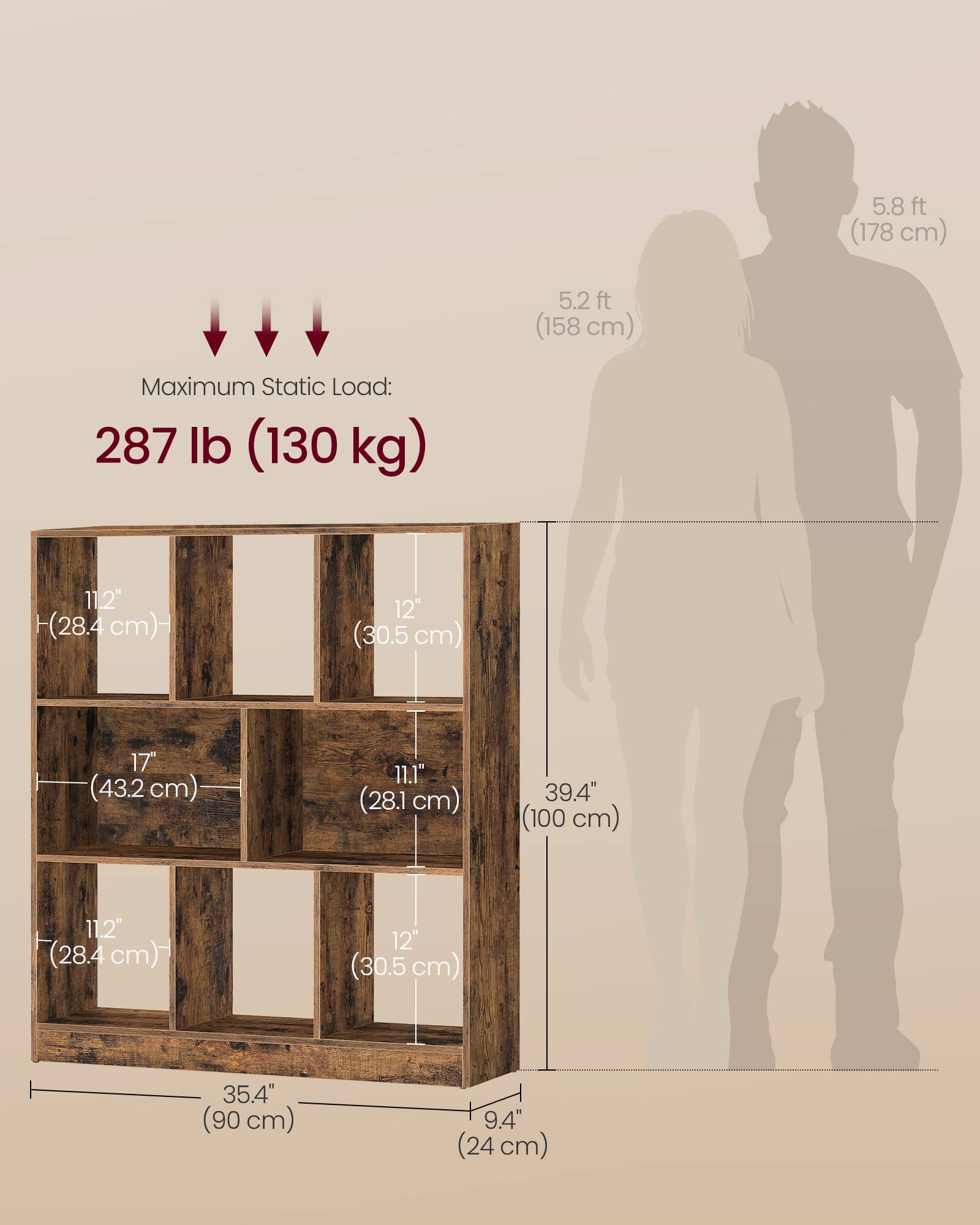 5.8 ft (178 cm)  
5.2 ft (158 cm)  

Maximum Static Load: 287 lb (130 kg)  

11.2" (28.4 cm)  
12" (30.5 cm)  
17" (43.2 cm)  
11.1" (28.1 cm)  
39.4" (100 cm)  
11.2" (28.4 cm)  
12" (30.5 cm)  
35.4" (90 cm)  
9.4" (24 cm)