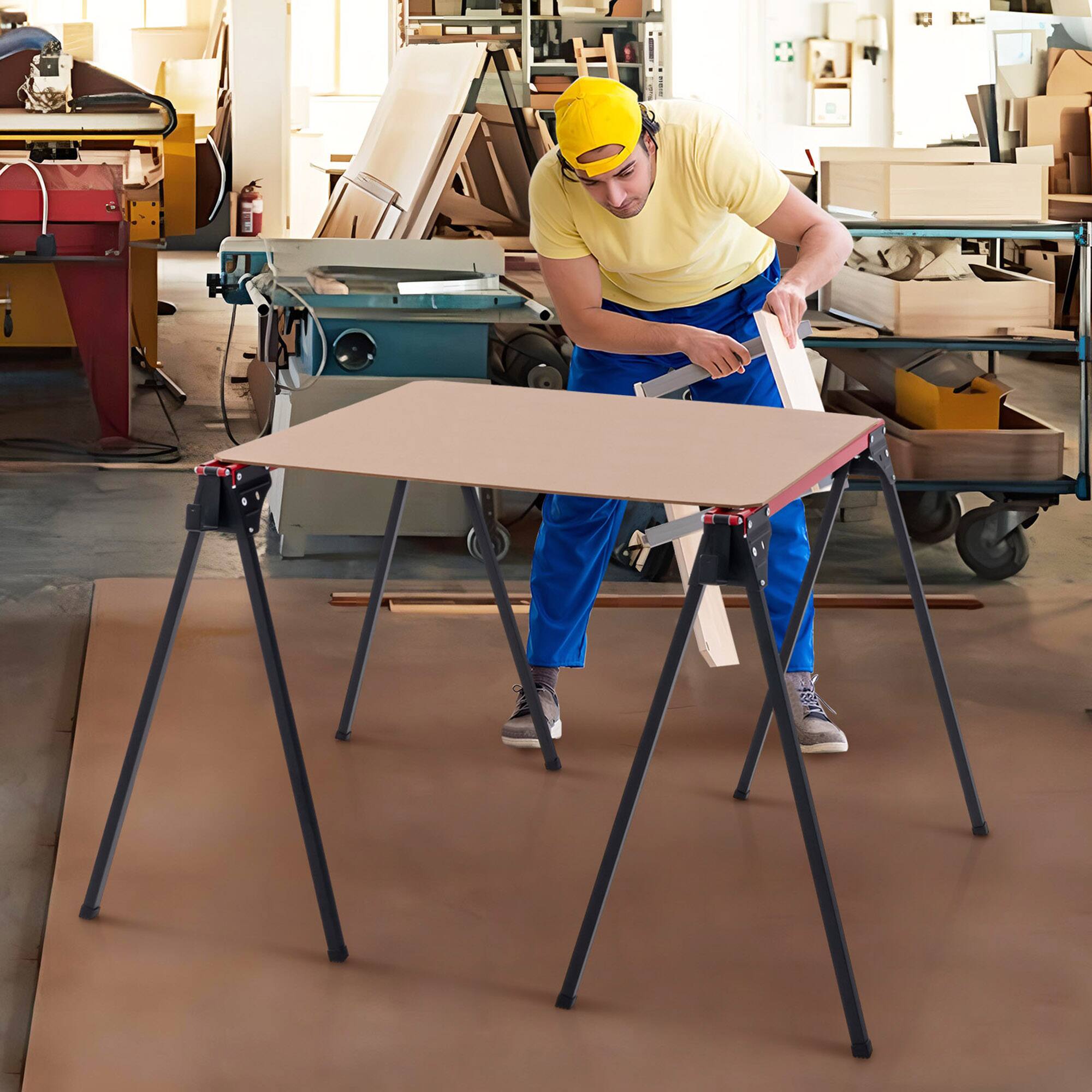 Alt View 3. Gymax - Gymax 2 Pack Folding Saw Horses Work Table w/ Quick Open Legs & 2 x 4 Support Arms - Red, Black.
