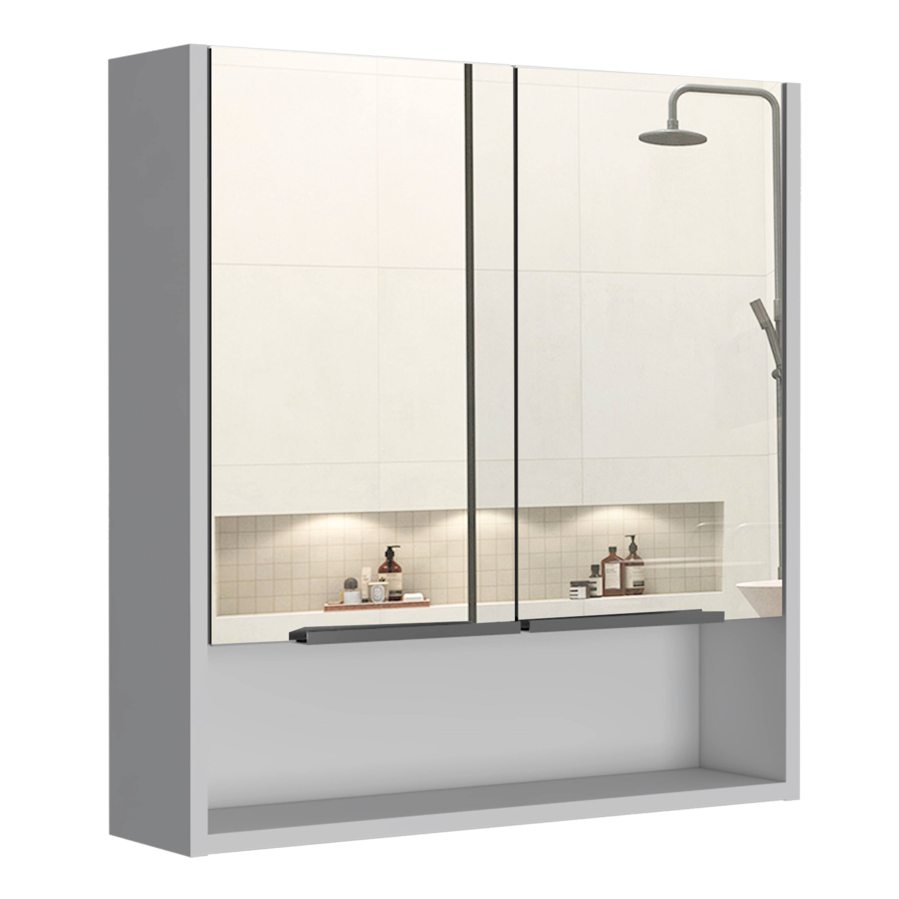 Back. TuHome - Jaspe Mirror Cabinet, Three Internal Shelves, One Open Shelf, Double Door Cabinet - White.