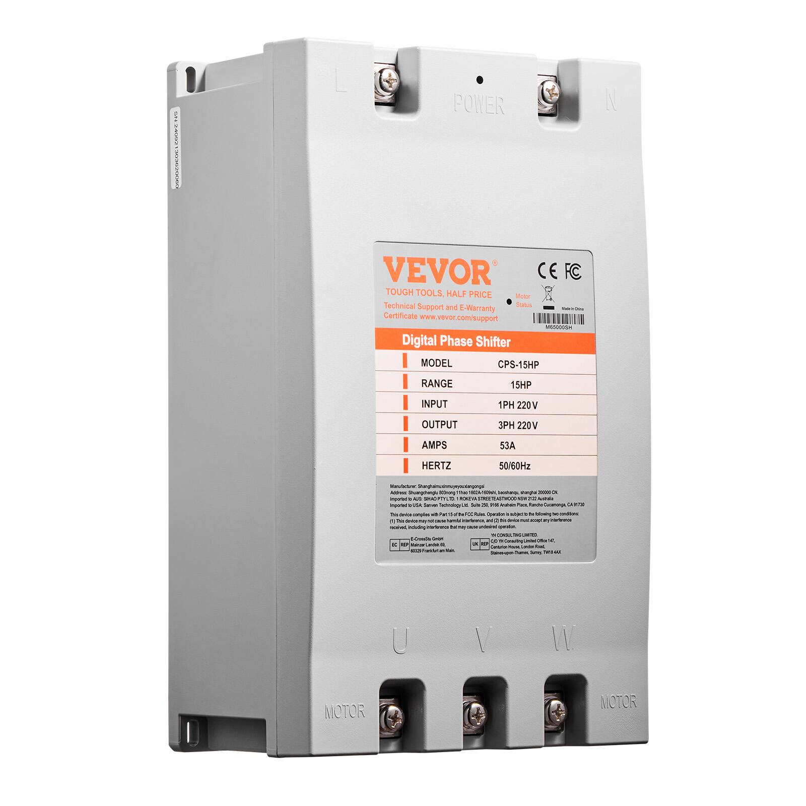 PET LADY IOASWISSS

POWER

VEVOR FC TOUGH TOOLS, HALF PRICE Motor Technical Support and E-Warranty Certificate www.vevor.com/support MB5000SH Digital Phase Shifter

MODEL CPS-15HP

RANGE 15HP

INPUT 1PH 220V

OUTPUT 3PH 220V

AMPS 53A

HERTZ 50/60Hz

Manufactur studiayopnolainusrung Address Shuarphenglu 100mg thoo 6024-1609ghi, bacchanqu 10000 X Imported AUG RONEVA STREETE ARTIFIC on 22 Auda Ingured bUSA Server Techodogy % - 24 28 Arabian FOOL Kandwill Cocamonga, CARTE This delce comples a Fat Poles Operator a subject be blowing condaine 11 No device nep di MJC samer intertiance, DO He SHO our emp a received including interference to MJC undered speatin, DOU DC DEM: ComeCo CHOK or Office x c RP Mar nos 5,