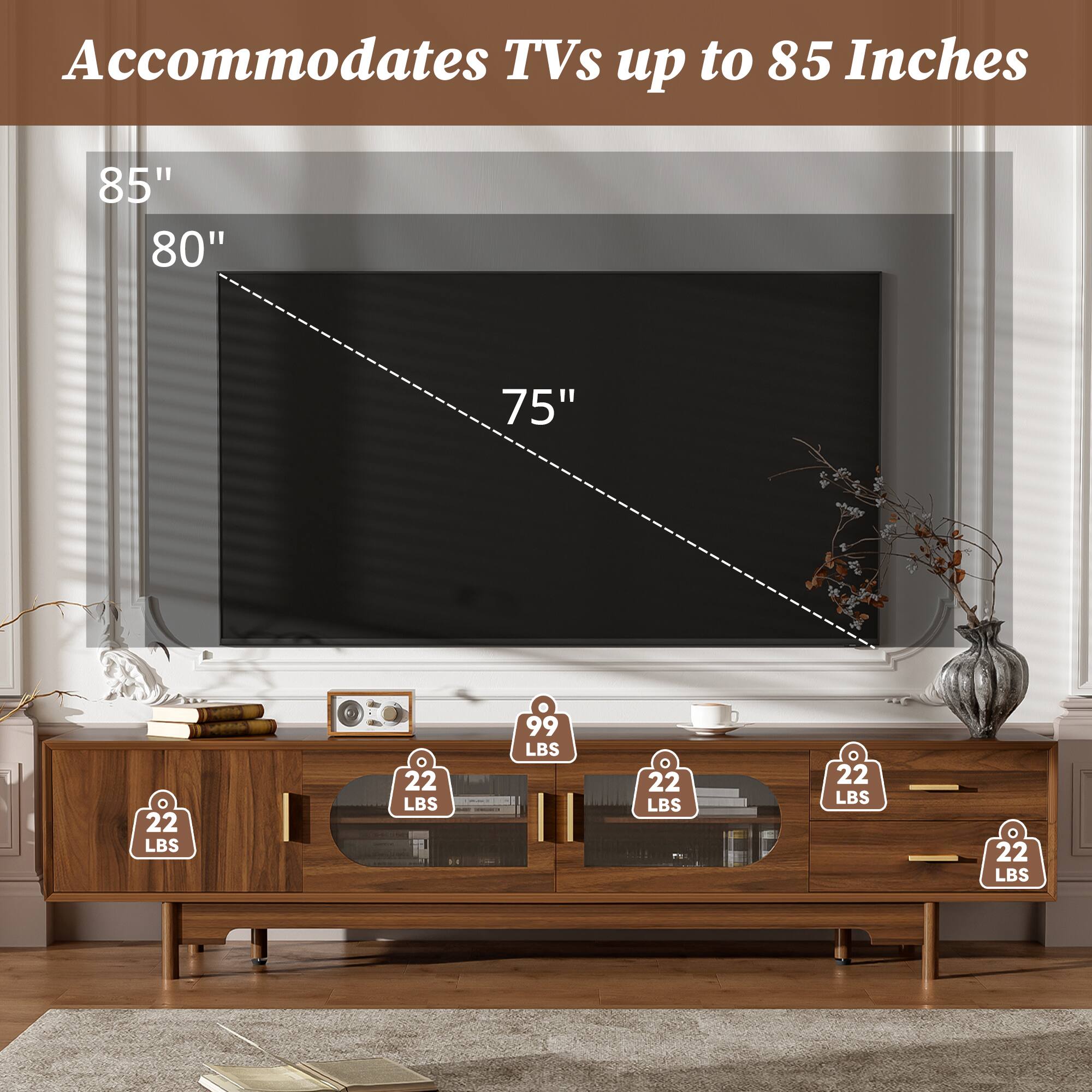 Accommodates TVs up to 85 Inches

85"  
80"  
75"  

99 LBS  
22 LBS  
22 LBS  
22 LBS  
22 LBS