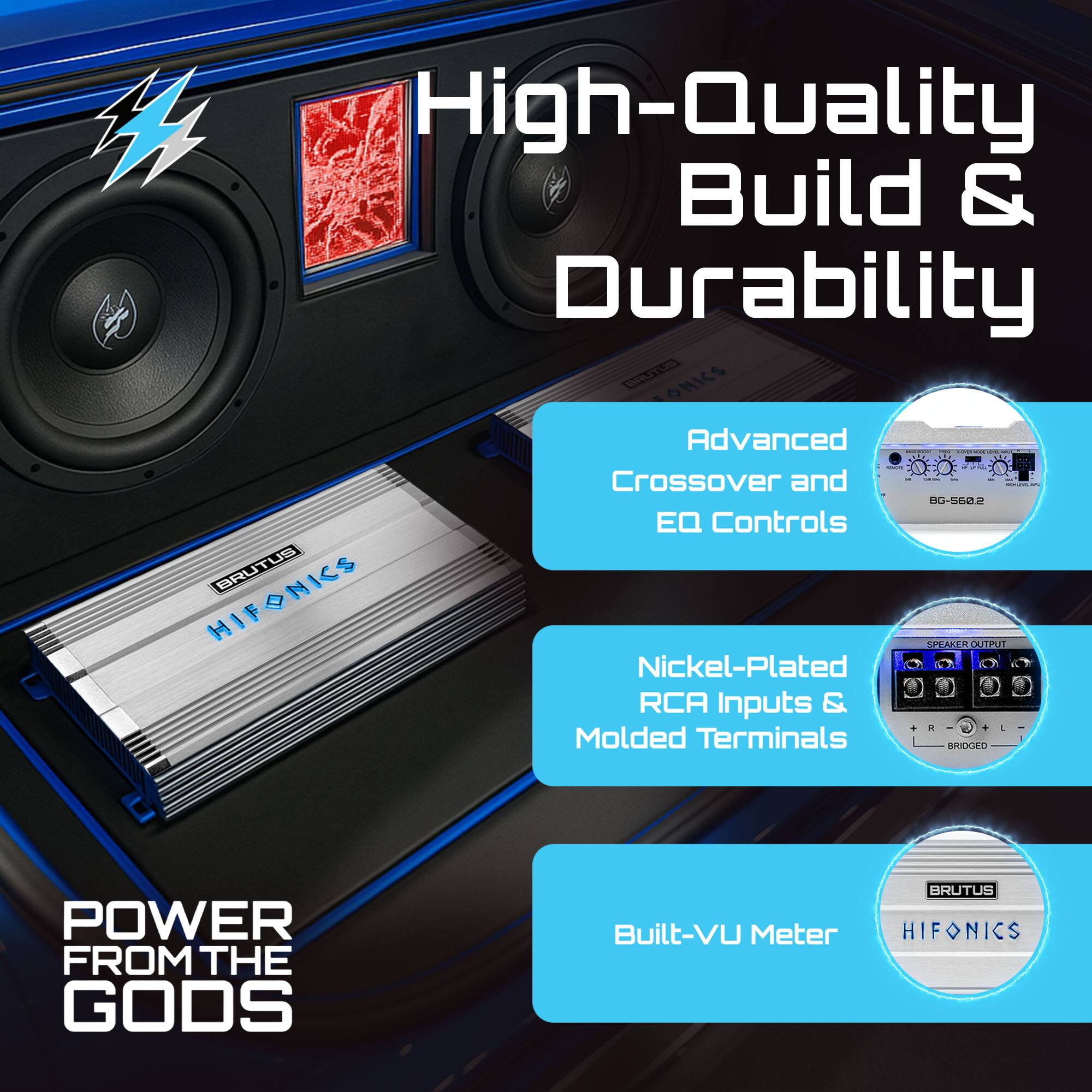 High-Quality Build & Durability

Advanced Crossover and EQ Controls

Nickel-Plated RCA Inputs & Molded Terminals

Built-VU Meter

POWER FROM THE GODS