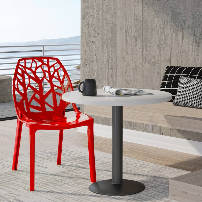 Angle. LeisureMod - Cornelia Modern Stackable Accent Dining Chair with Cut Out Backrest Design for Dining Rooms or Patios - Solid Red.