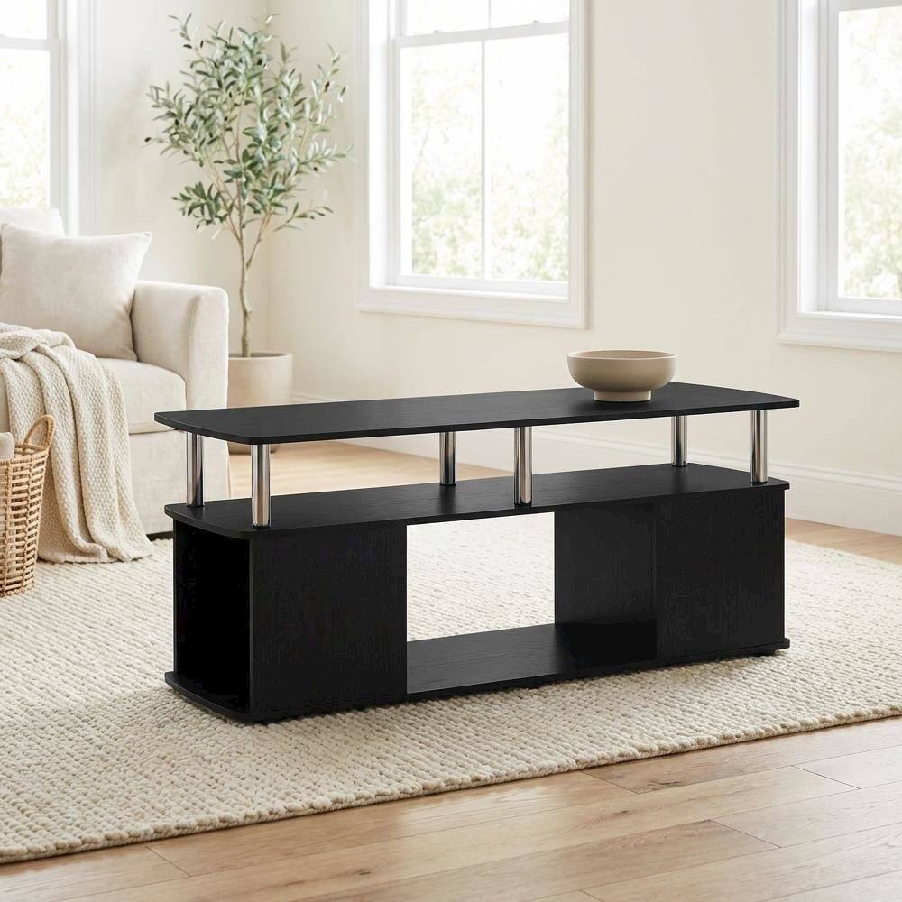 Left. FurniFact - Dark Americano Coffee Table with Storage Shelf and Bottom Compartment - Dark Americano, Stainless Steel.