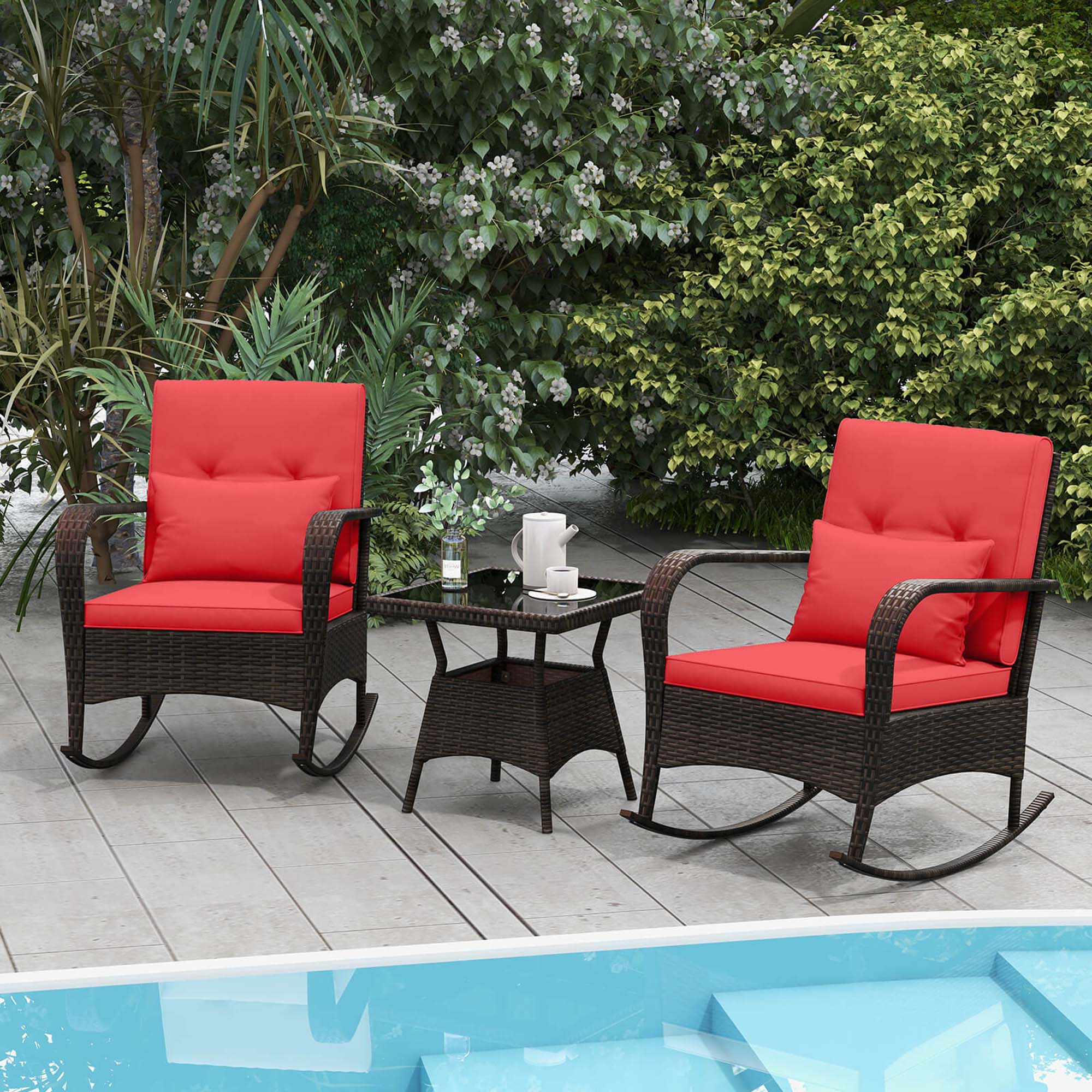 Alt View 1. Costway - Costway 3 PCS Rocking Bistro Set with Removable Cushions & Tempered Glass Top Table - Red.