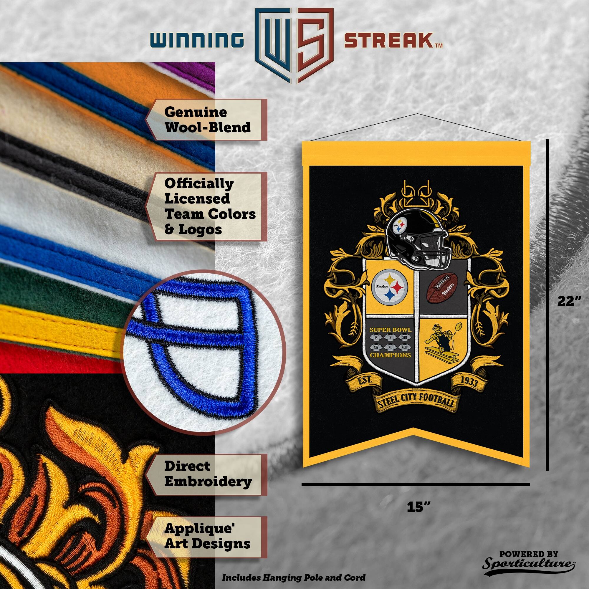WINNING U 5 STREAK™ Genuine Wool-Blend Officially Licensed Team Colors & Logos - Wtn Stooky 22" MUPER BOWL 1 - - C 1 aN CHAMPIONS EST. 1933 CITY FOOTBALL STEEL Direct Embroidery Applique' Art Designs Includes Hanging Pole and Cord 15" POWERED BY Sporticulture