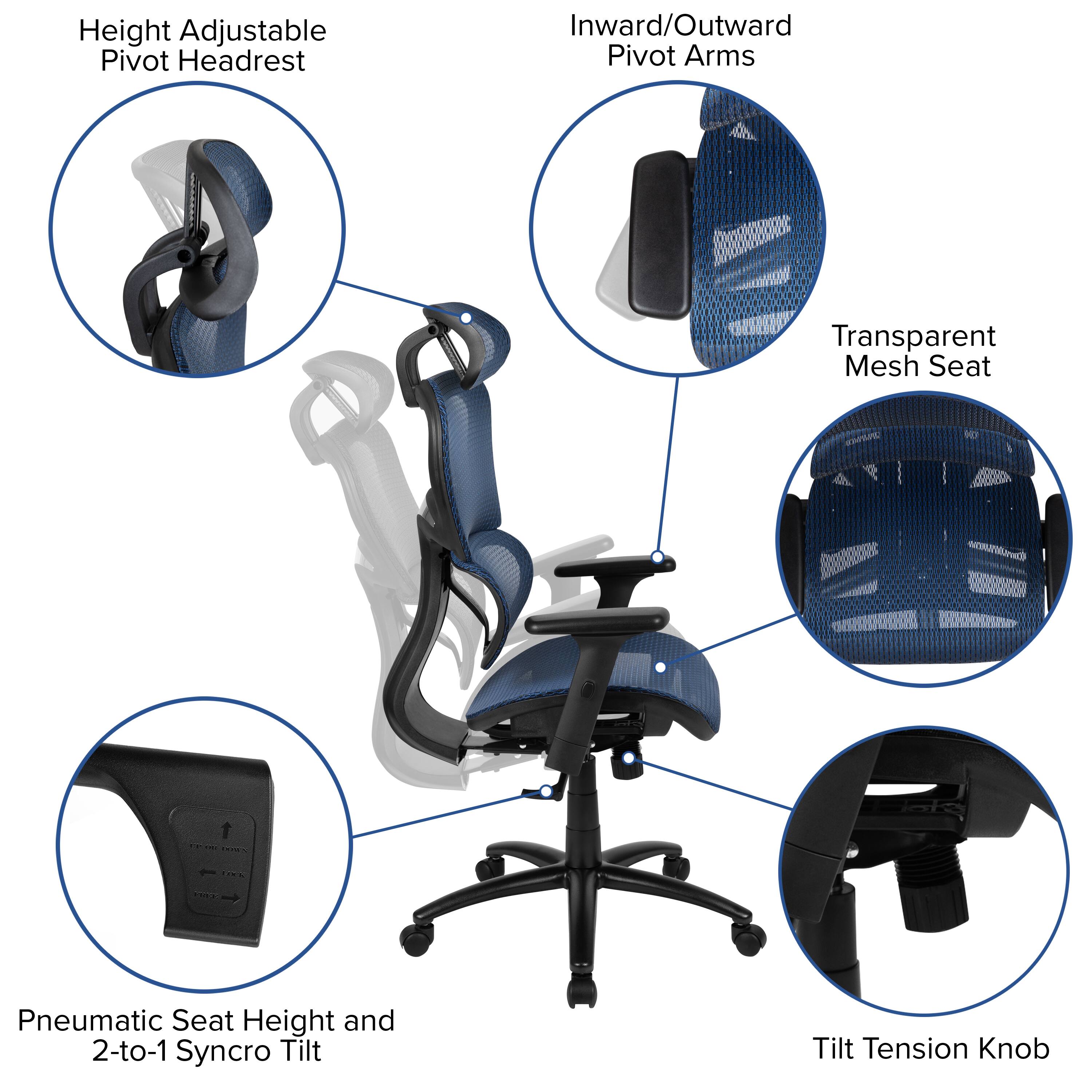 Height Adjustable Pivot Headrest  
Inward/Outward Pivot Arms  
Transparent Mesh Seat  
Pneumatic Seat Height and 2-to-1 Syncro Tilt  
Tilt Tension Knob