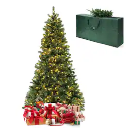 Gymax - 7 FT Pre-Lit PVC Christmas Tree & Storage Bag w/ Warm White LED Lights & Gloves - Green