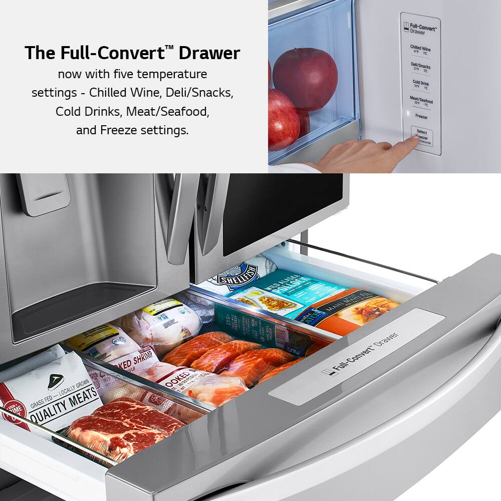 The Full-Convert™ Drawer  
now with five temperature settings - Chilled Wine, Deli/Snacks, Cold Drinks, Meat/Seafood, and Freeze settings.

Full-Convert™ Drawer  
Chilled Wine  
Deli/Snacks  
Cold Drinks  
Meat/Seafood  
Freezer  
Select Temperature

GRASS-FED - LOCALLY GROWN  
QUALITY MEATS