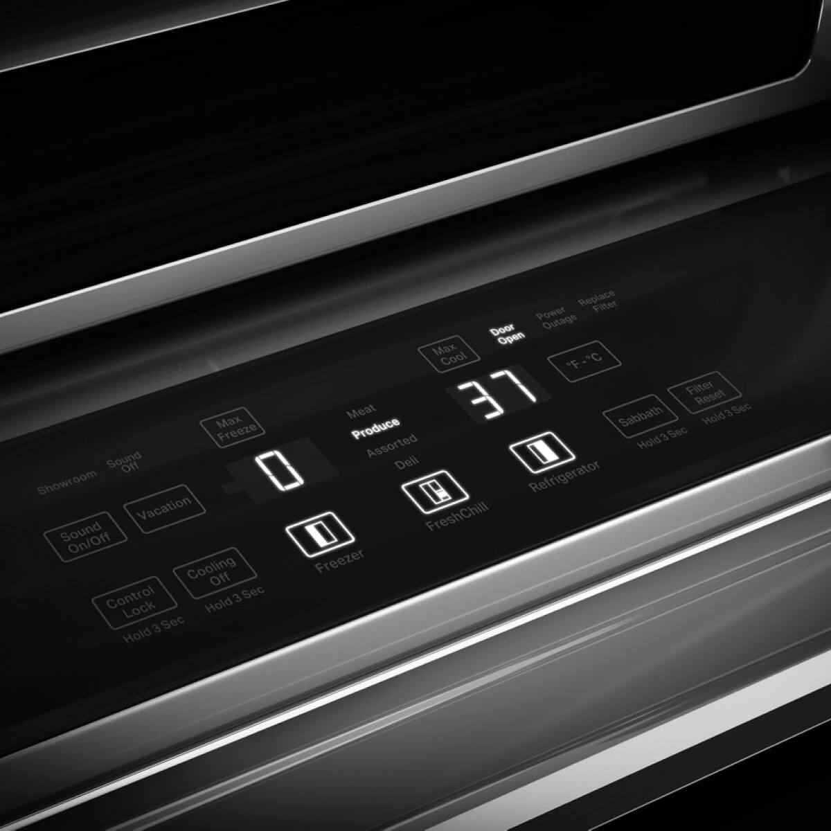 - Mx Freeze
- Sound Off
- Showroom
- Vacation
- Sound On/Off
- Cooling Off
- Control
- 3 Sec Lock
- Hold 3 Sec
- Replace Filter
- Power Outage
- Door Open
- Mx Cool
- 'F' 'C'
- LE
- Filter Reset
- Meat
- Sabbath
- 3 Sec
- Produce
- Hold 3 Sec
- Assorted
- Hold 3 Sec
- Deli
- Refrigerator
- FreshChill
- Freezer