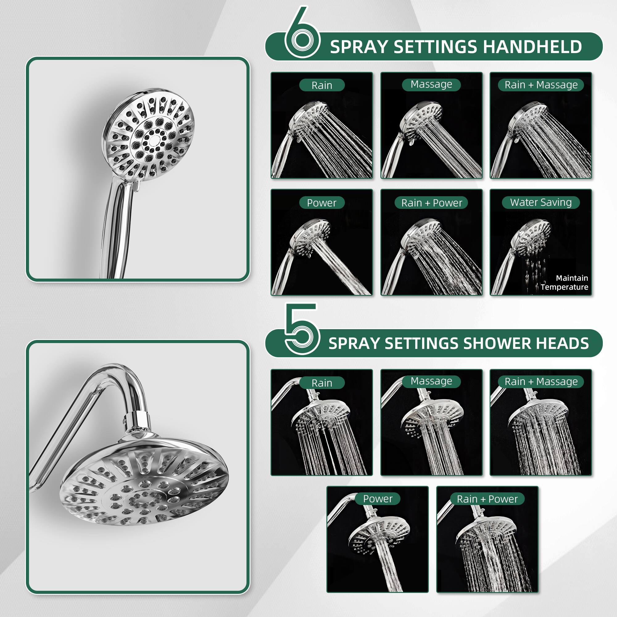6 SPRAY SETTINGS HANDHELD  
- Rain  
- Massage  
- Rain + Massage  
- Power  
- Rain + Power  
- Water Saving  
- Maintain Temperature  

5 SPRAY SETTINGS SHOWER HEADS  
- Rain  
- Massage  
- Rain + Massage  
- Power  
- Rain + Power