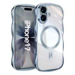 Dteck - Magnetic Case For iPhone 17 With Built-in Lens Protector Shockproof Plating Curly Wavy Frame Clear Back Cover - Blue