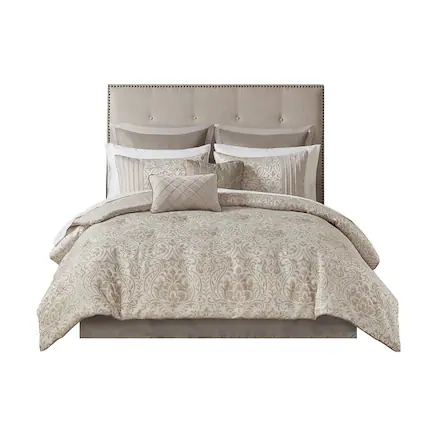 Front. Gracie Mills - Gracie Mills Elroy 12-Piece Metallic Jacquard Comforter Set with Bed Sheets - Khaki.
