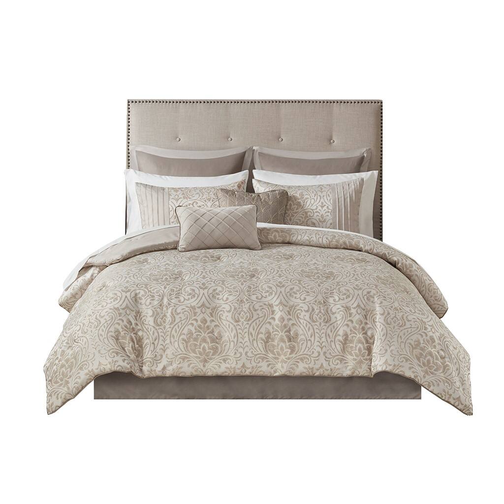 Front. Gracie Mills - Gracie Mills Elroy 12-Piece Metallic Jacquard Comforter Set with Bed Sheets - Khaki.