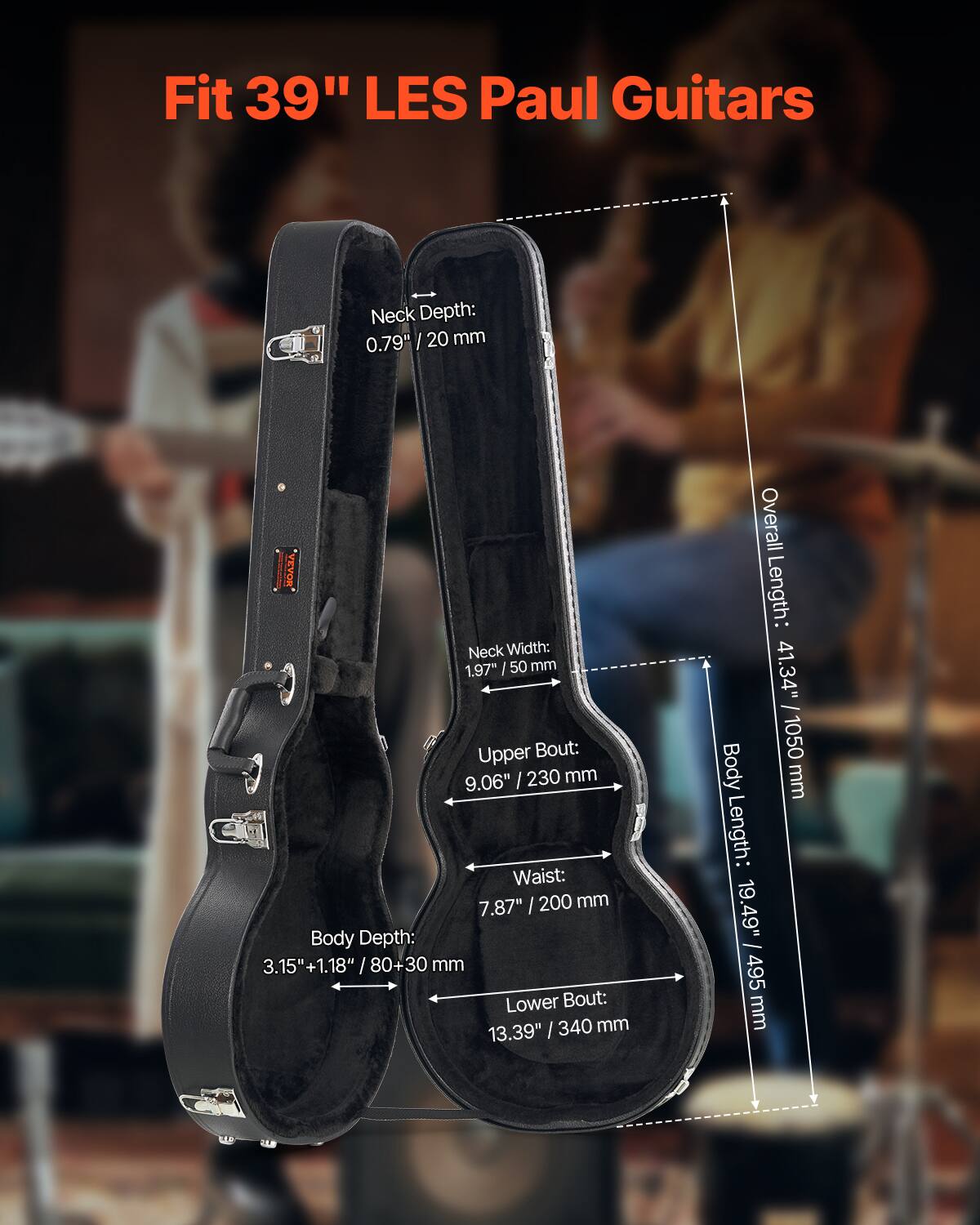 Fit 39" LES Paul Guitars

Neck Depth: 0.79" / 20 mm  
Neck Width: 1.97" / 50 mm  
Upper Bout: 9.06" / 230 mm  
Waist: 7.87" / 200 mm  
Body Depth: 3.15" + 1.18" / 80 + 30 mm  
Lower Bout: 13.39" / 340 mm  
Overall Length: 41.34" / 1050 mm  
Body Length: 19.49" / 495 mm