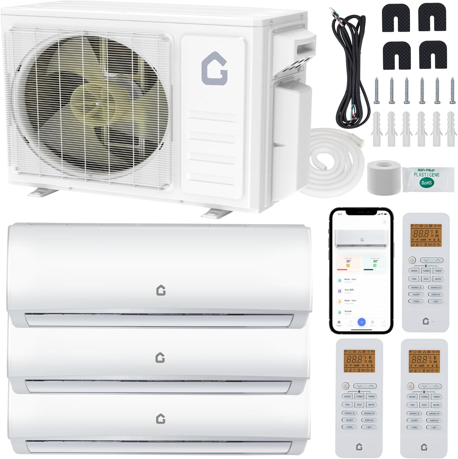 Qeetex - 28K BTU 3 Zone Mini Split AC Heating System 20 SEER2 12K+ 12K+12K BTU Wifi Air Conditioner No Copper Tube Line Set