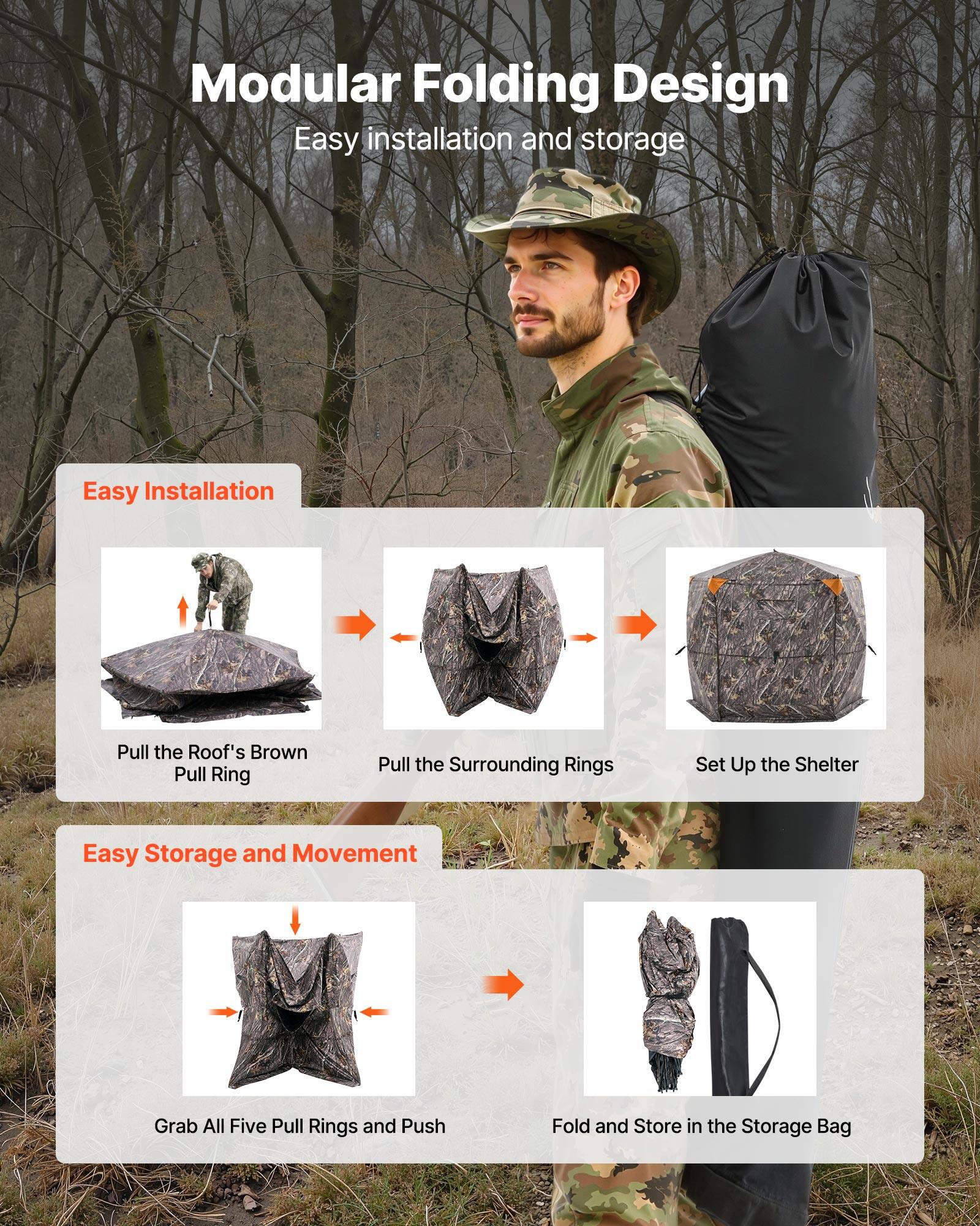 Modular Folding Design  
Easy installation and storage  

Easy Installation  
- Pull the Roof's Brown Pull Ring  
- Pull the Surrounding Rings  
- Set Up the Shelter  

Easy Storage and Movement  
- Grab All Five Pull Rings and Push  
- Fold and Store in the Storage Bag
