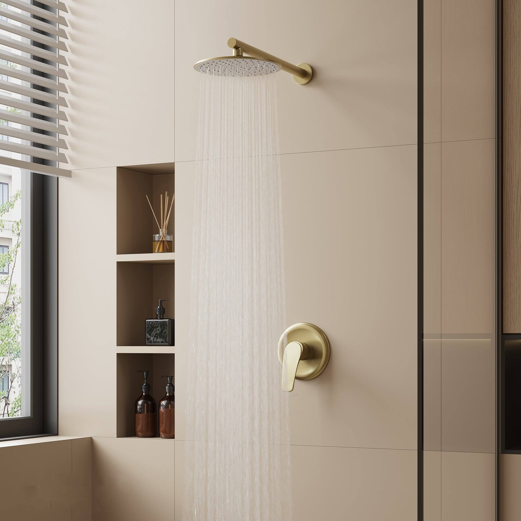 Alt View 4. Boyel Living - 1-Spray Patterns 2.5 GPM 9 in. Wall Mount Fixed Shower Head with Pressure Balance Valve and Trim in Brushed Gold - Brushed Gold.