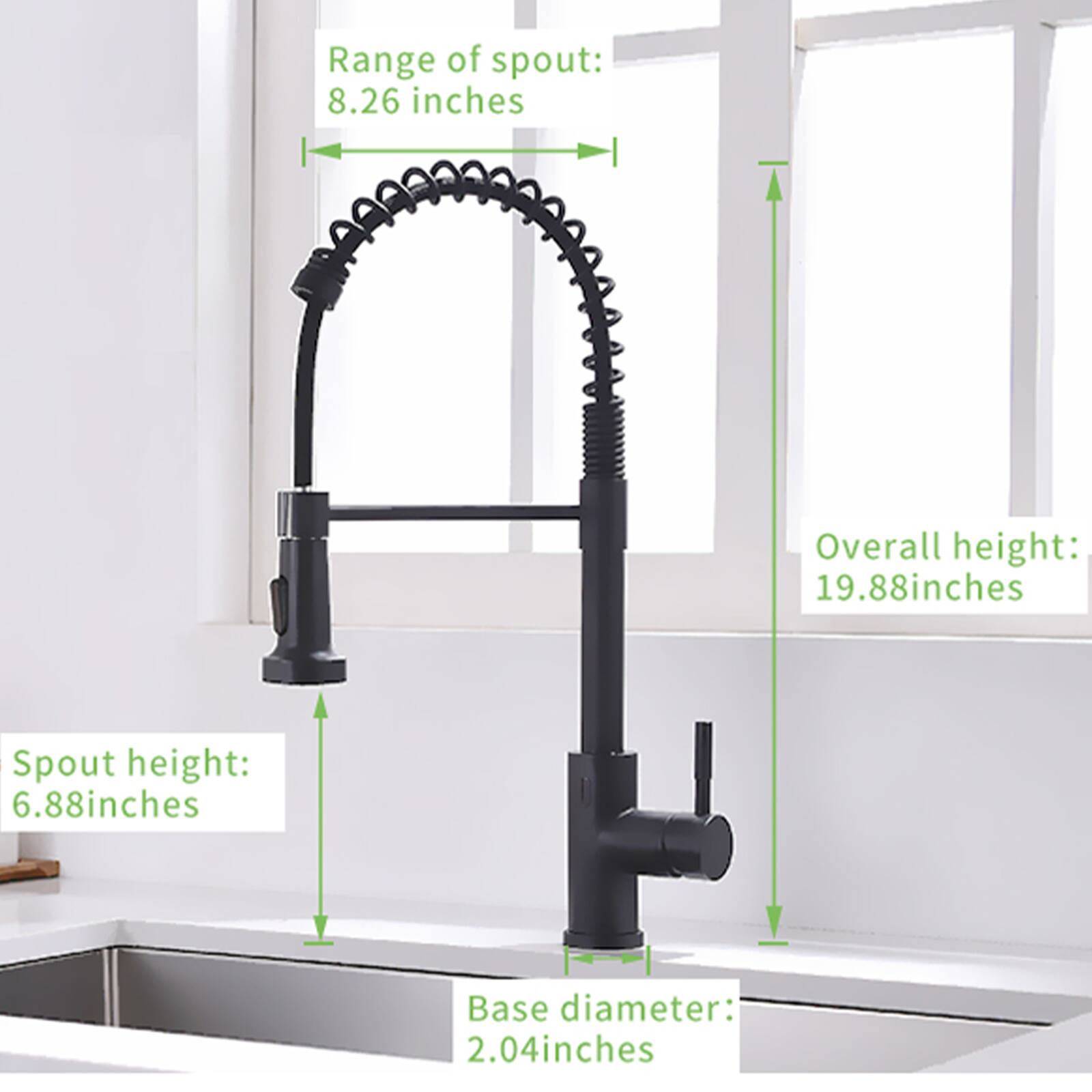 Range of spout: 8.26 inches  
Overall height: 19.88 inches  
Spout height: 6.88 inches  
Base diameter: 2.04 inches