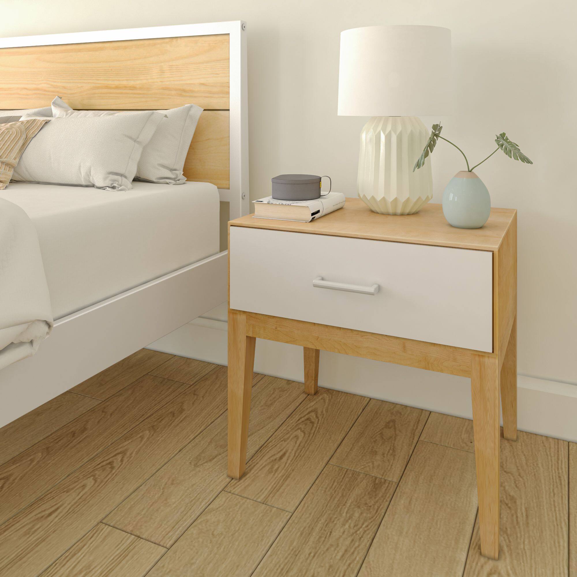 Alt View 1. Plank+Beam - Duo 1 Drawer Nightstand, White/Birch - White/Birch.