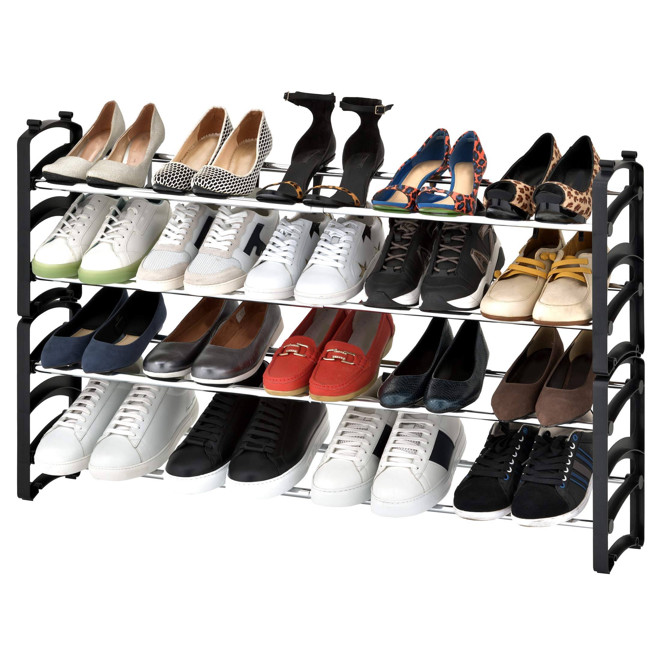 ThinkLink Electronic - Expandable And Adjustable Shoe Rack Organizer For Bedroom Closet Entryway Hallway Chrome Plated - Black/Chrome 4-Tier