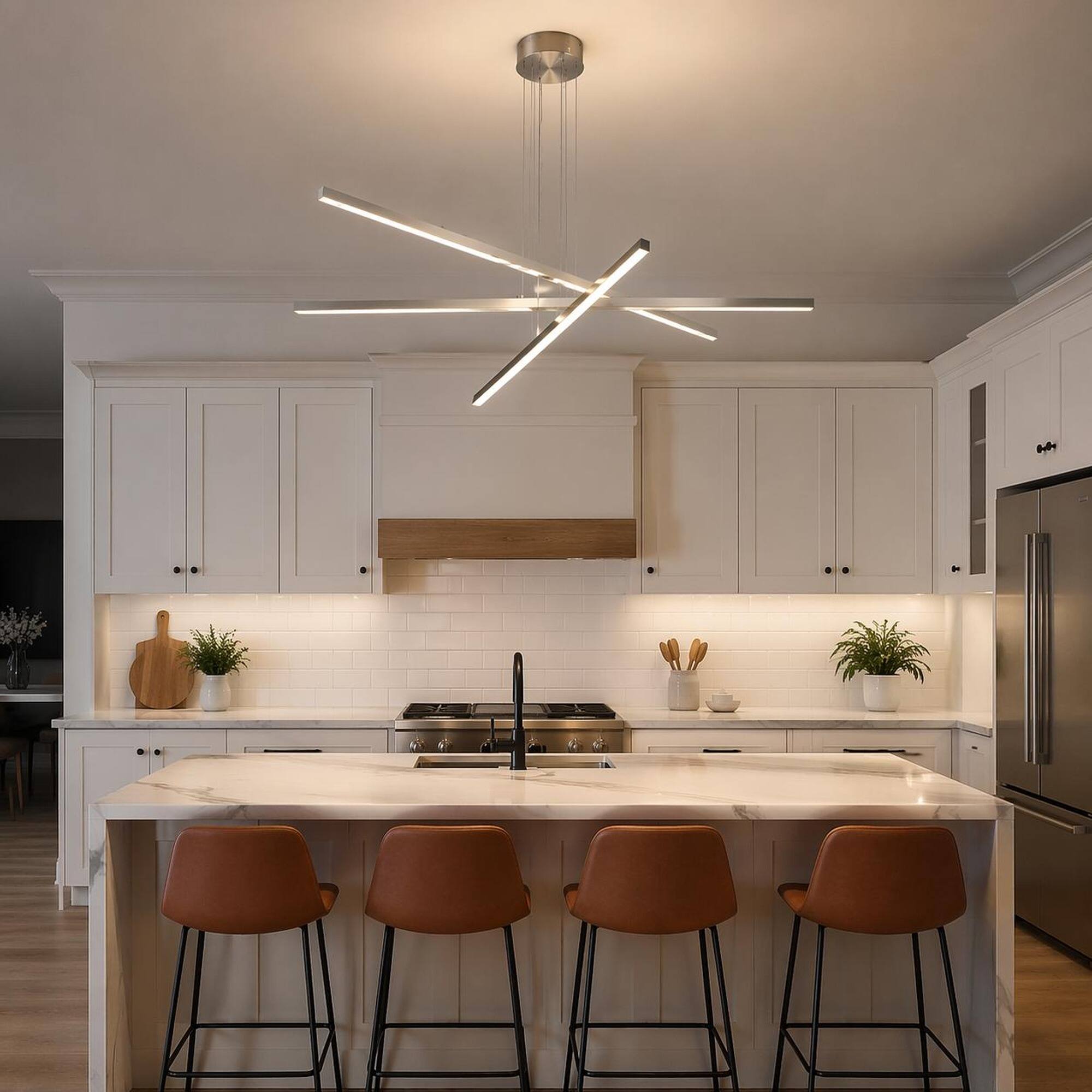Back. RYHNUYNE - 48-Inch Modern LED Chandelier with Geometric 3-Arm Frame, Height-Adjustable Suspension and Aluminum-Acrylic Construction.