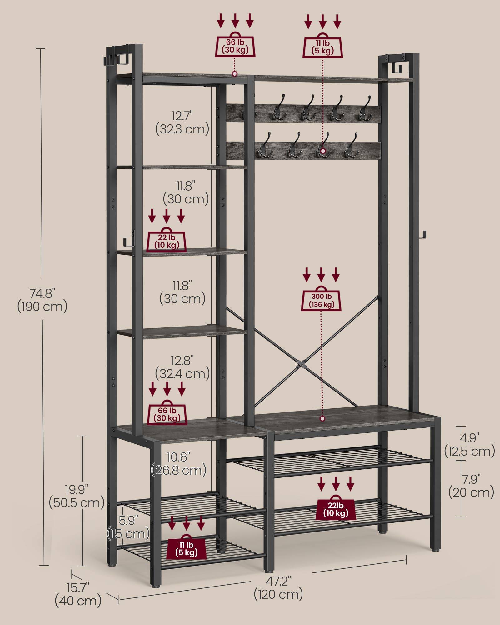 - 66 lb (30 kg)
- 11 lb (5 kg)
- 12.7" (32.3 cm)
- 11.8" (30 cm)
- 22 lb (10 kg)
- 74.8" (190 cm)
- 11.8" (30 cm)
- 300 lb (136 kg)
- 12.8" (32.4 cm)
- 66 lb (30 kg)
- 10.6" (26.8 cm)
- 19.9" (50.5 cm)
- 5.9" (15 cm)
- 11 lb (5 kg)
- 22 lb (10 kg)
- 4.9" (12.5 cm)
- 7.9" (20 cm)
- 15.7" (40 cm)
- 47.2" (120 cm)