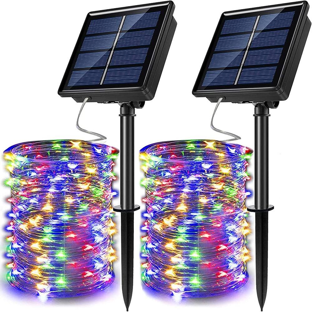 Front. PARKER SLATER - 2 Pack Solar Powered Fairy String Lights Outdoor Waterproof 8 Modes Twinkle Christmas Decorations Lights, Each 33ft-100L - Multicolor.