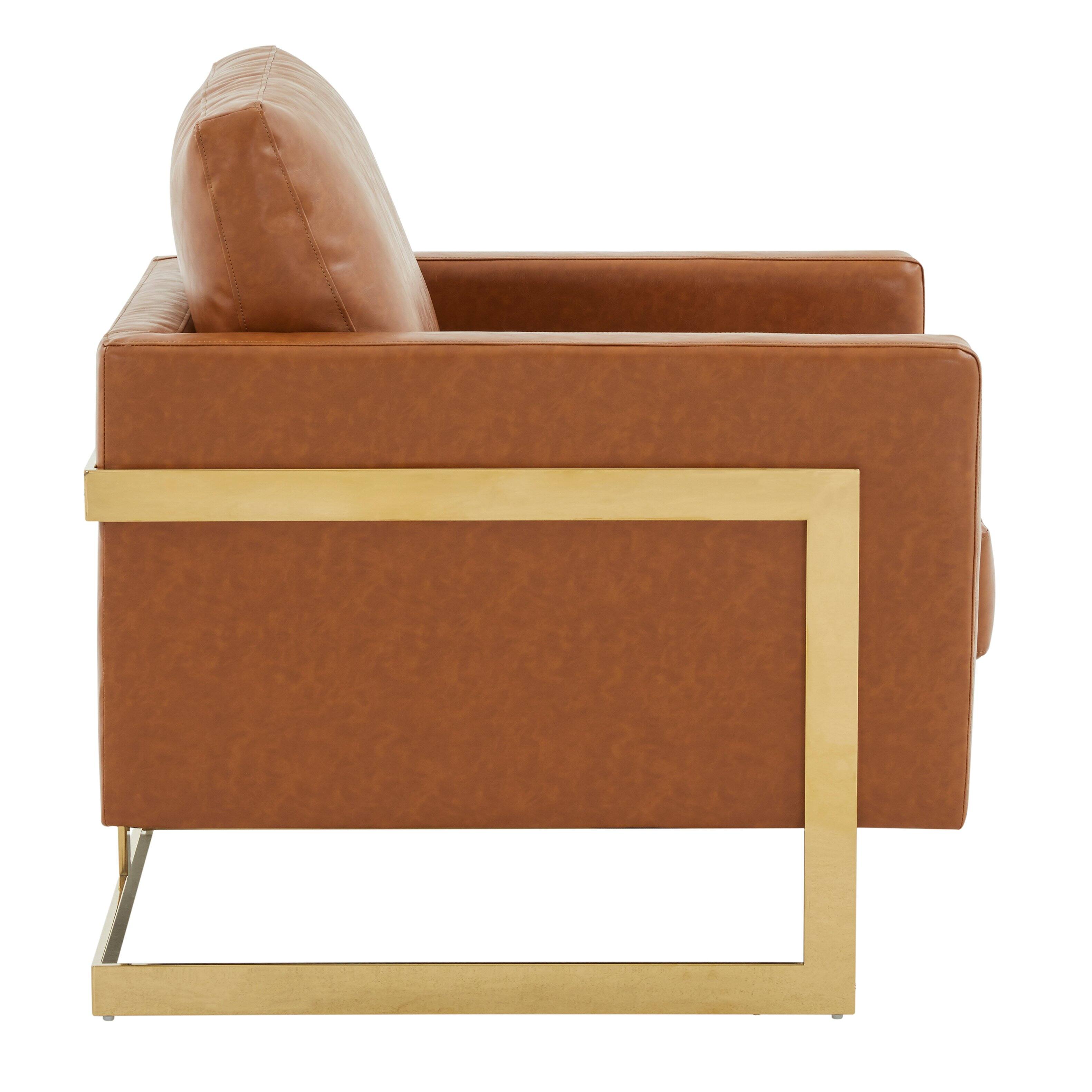 Alt View 3. LeisureMod - Lincoln Modern Leather Accent Chair, Gold Stainless Steel Base Armchair - Fully Assembled - Cognac Tan.