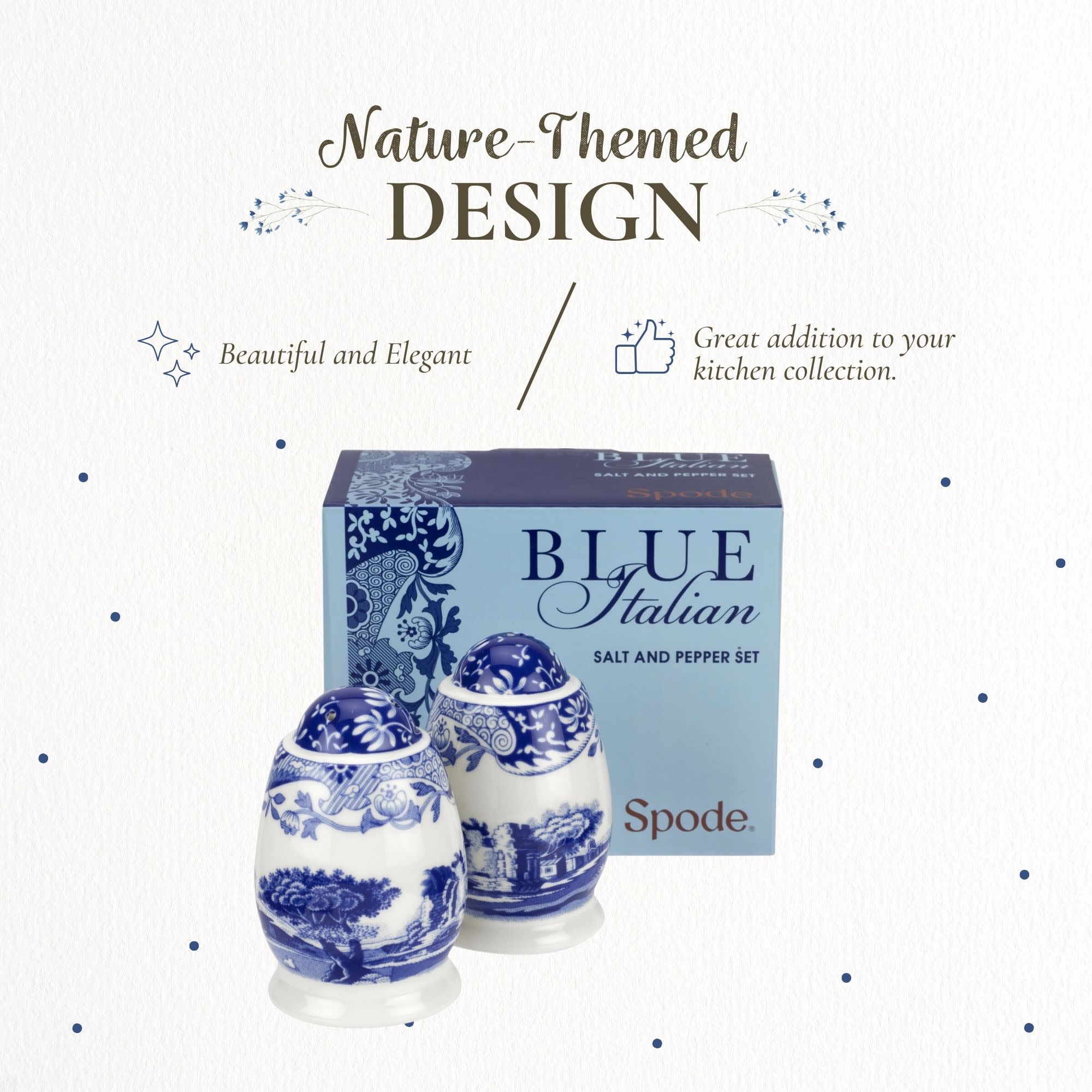 Nature-Themed DESIGN  
Great addition to your Beautiful and Elegant kitchen collection.  
BLUE Italian SALT AND PEPPER SET  
Spode