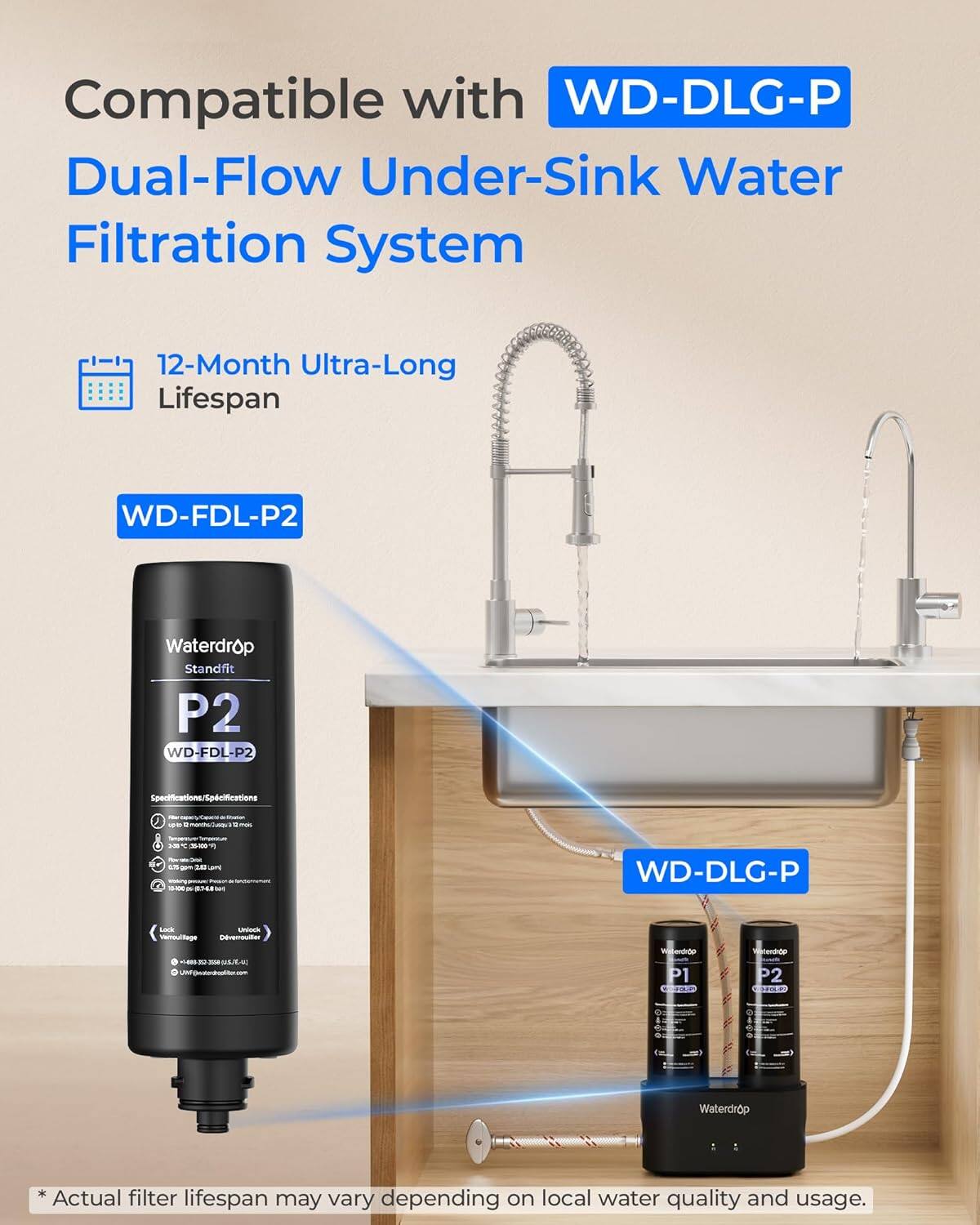 Compatible with WD-DLG-P Dual-Flow Under-Sink Water Filtration System

12-Month Ultra-Long Lifespan

WD-FDL-P2 Waterdrop Standfit P2

Specifications/Specifications

*Actual filter lifespan may vary depending on local water quality and usage.