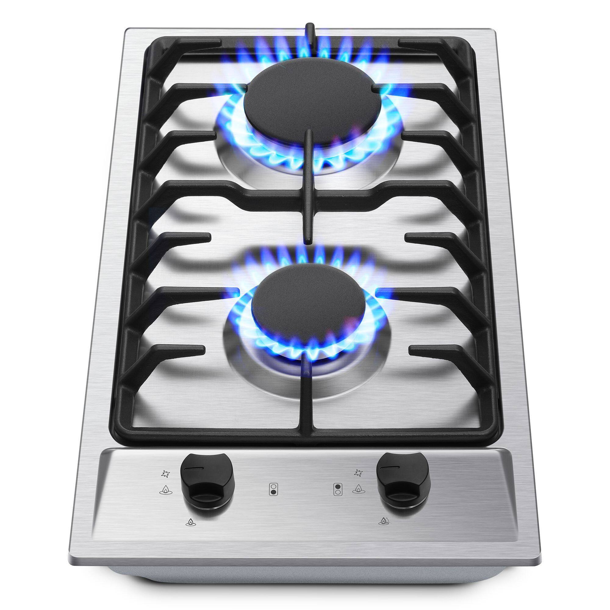 Front. COWLOWN - 12in Built-in Propane Cooktop 2 Burners Stainless Steel Tempered Glass for RV & Kitchen with Safety Protection - Silver.