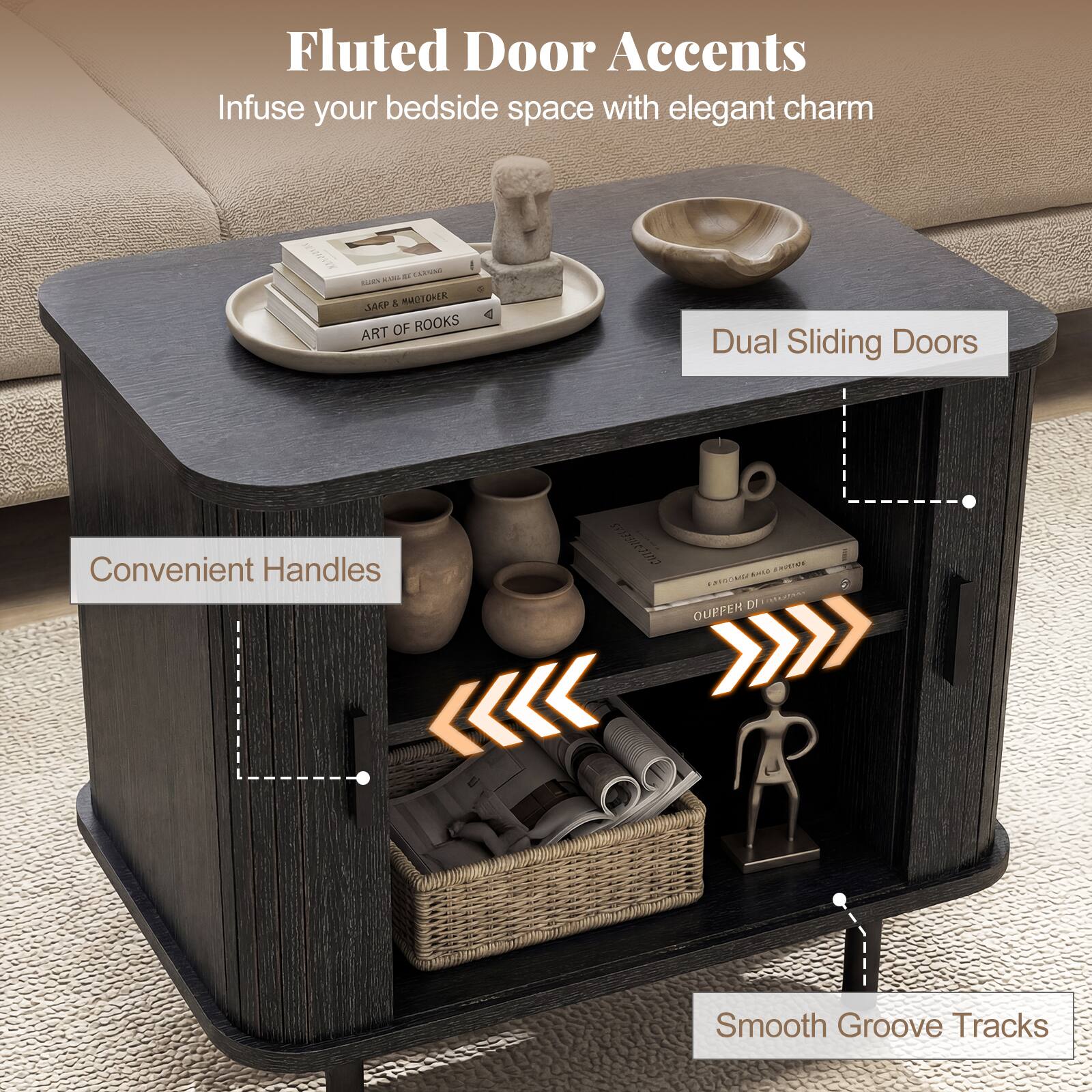 Fluted Door Accents  
Infuse your bedside space with elegant charm

1. Dual Sliding Doors  
2. Convenient Handles  
3. Smooth Groove Tracks