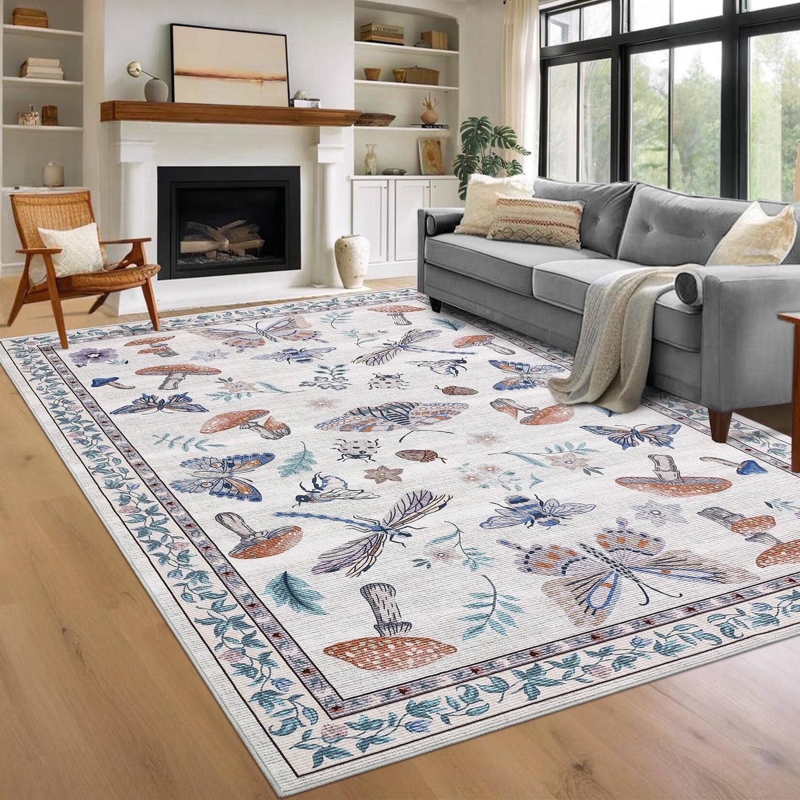 Front. Homhougo - 9x12 Insect Floral Rug, Washable, Non-Slip, Beige - Beige.