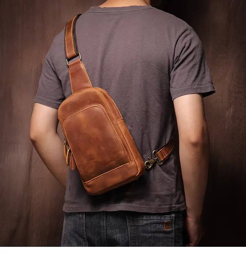 Left. Steel Horse Leather - Erling Leather Sling Bag | Crossbody Leather Pack - Brown.