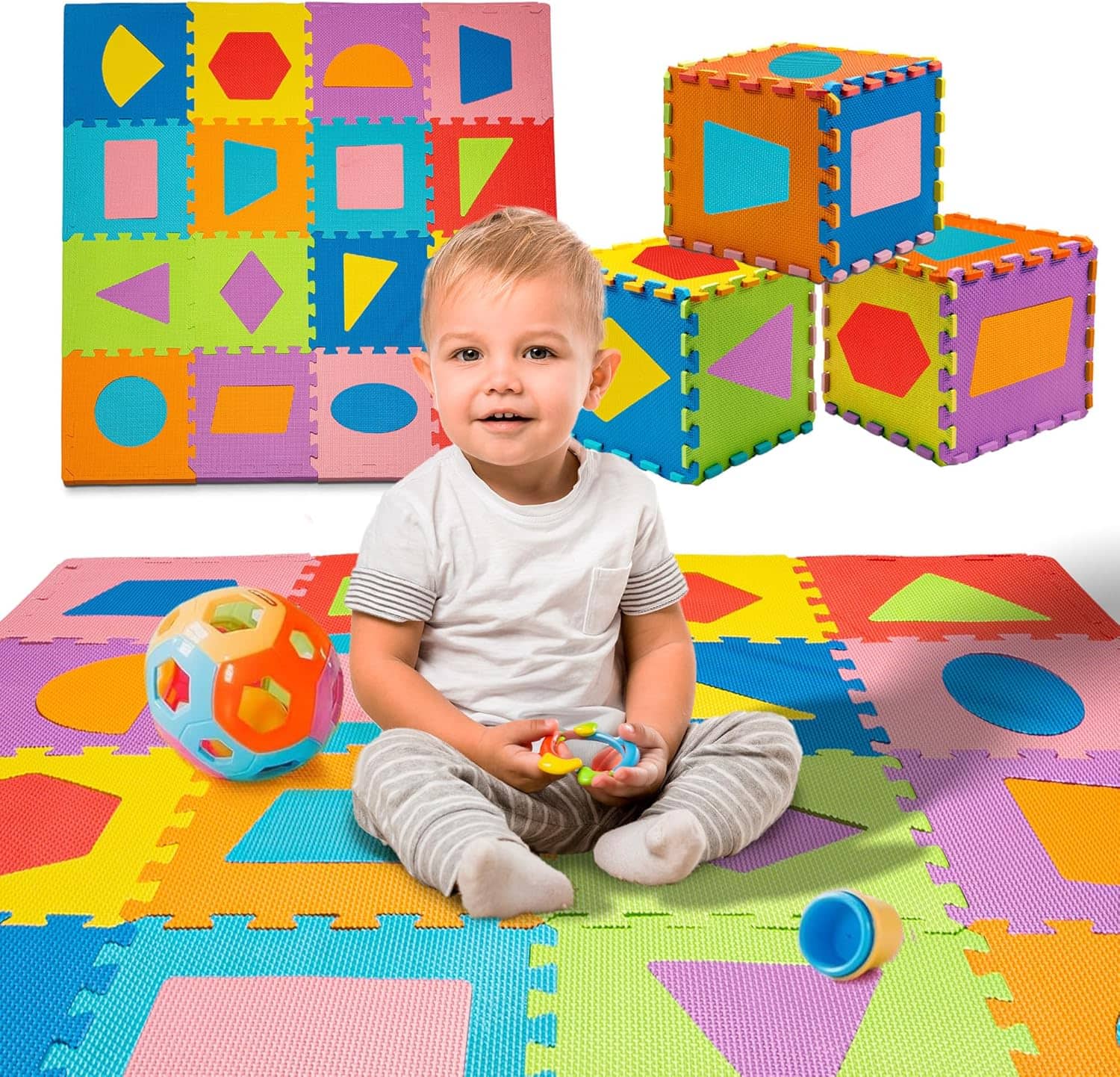 Toyvelt - Foam Puzzle Floor Mat for Kids – 12x12 16 Tiles Interlocking Play Mat - Shapes