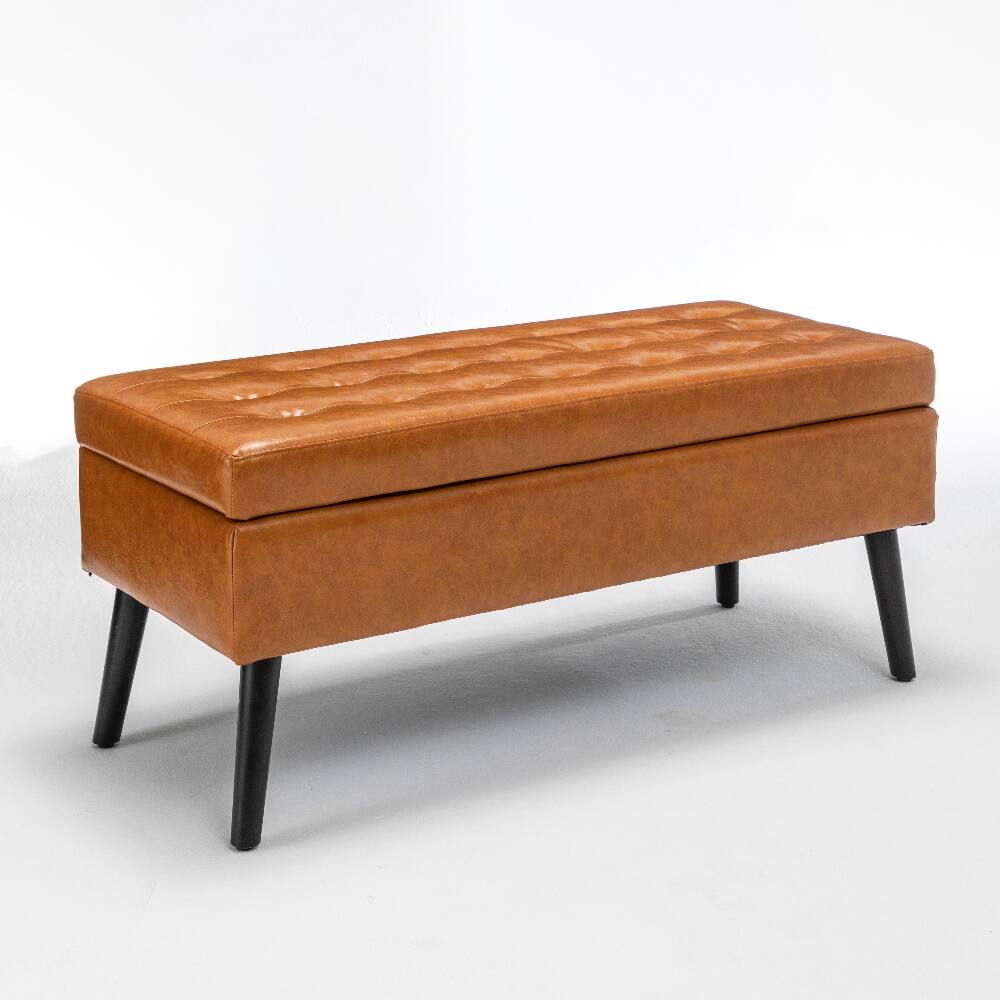 Alt View 2. Ropilly - Ropilly 43.3 Inch Brown Leather Storage Bench End of Bed Ottoman Entryway Bench with Wood Legs - Brown.