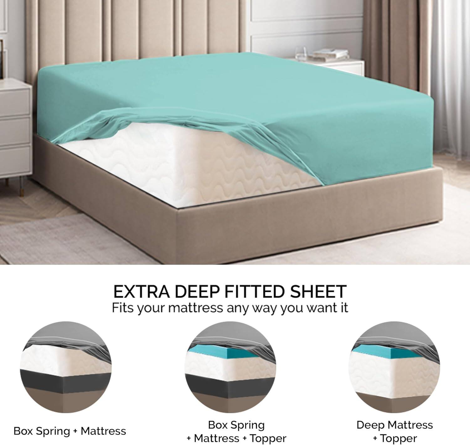 EXTRA DEEP FITTED SHEET  
Fits your mattress any way you want it  

- Box Spring + Mattress  
- Box Spring + Mattress + Topper  
- Deep Mattress + Topper