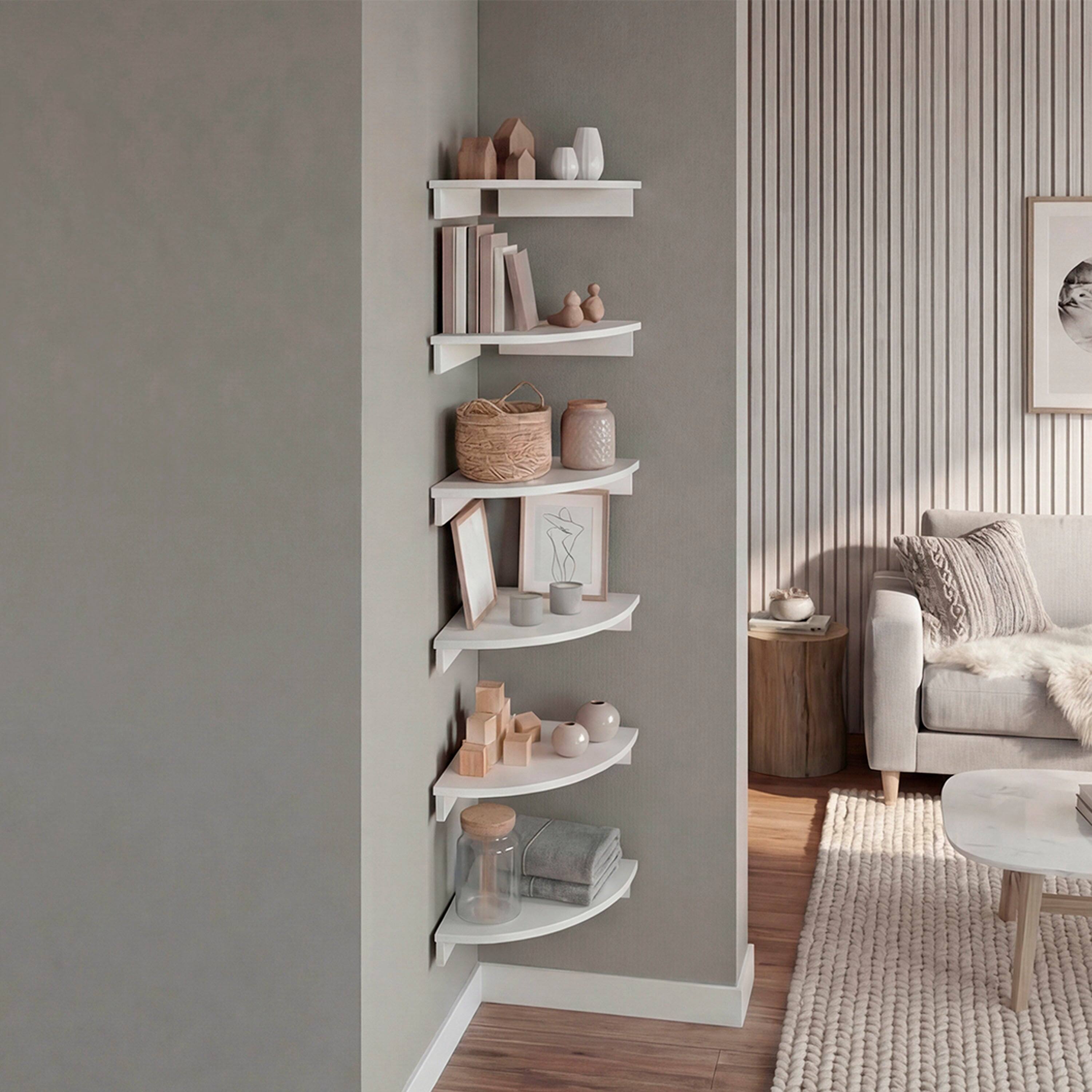 Angle. TuHome - 12" x 12" Corner 6-Tier Floating Wall Shelf, Wall-Mounted Display Ledge for Living Room, Bedroom or Office Storage - White.