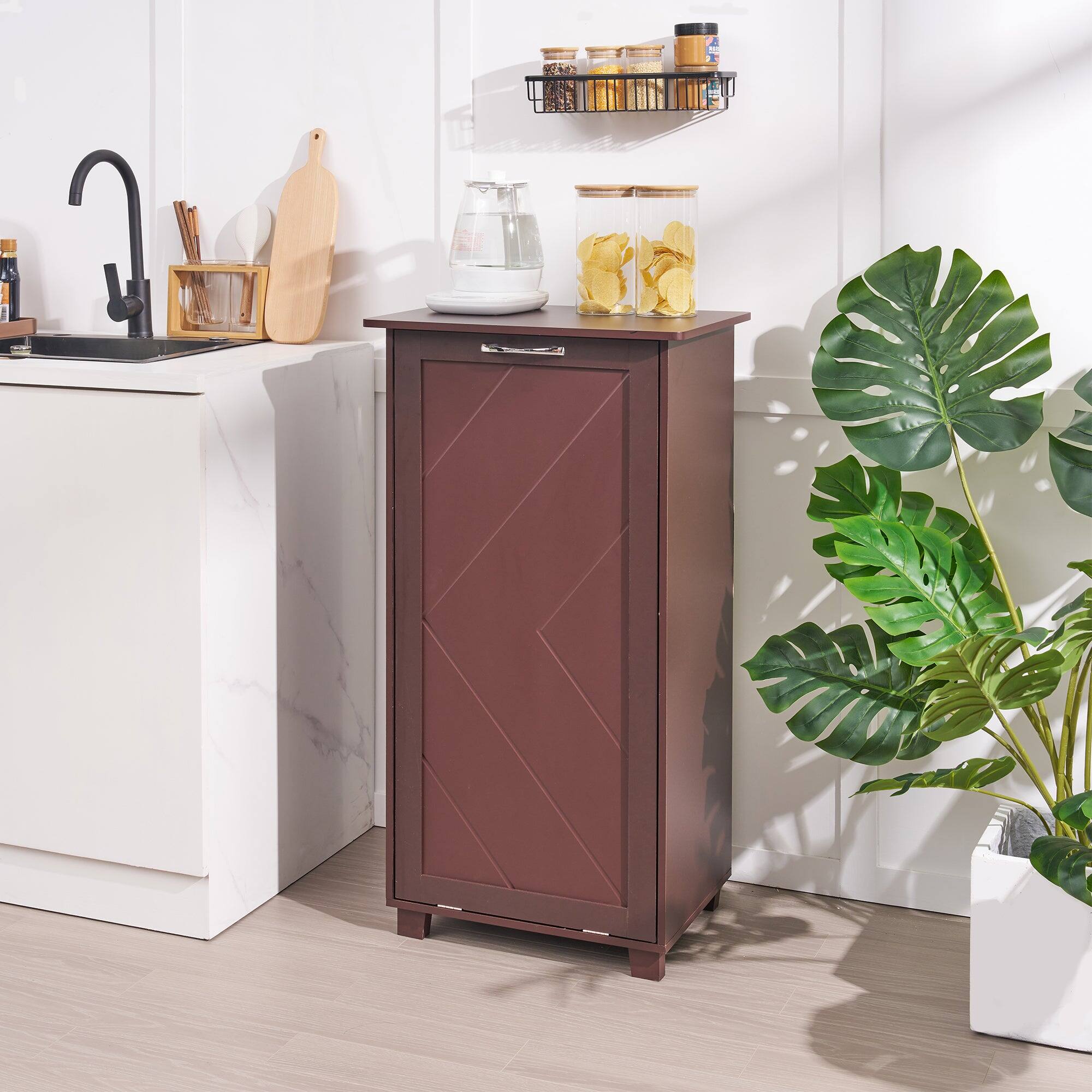 Alt View 2. Vecelo - Hidden Trash Can Cabinet with Deodorizer - Pull-Out Kitchen Garbage Bin Storage, MDF Wood Concealed Trash Cabinet - Brown.