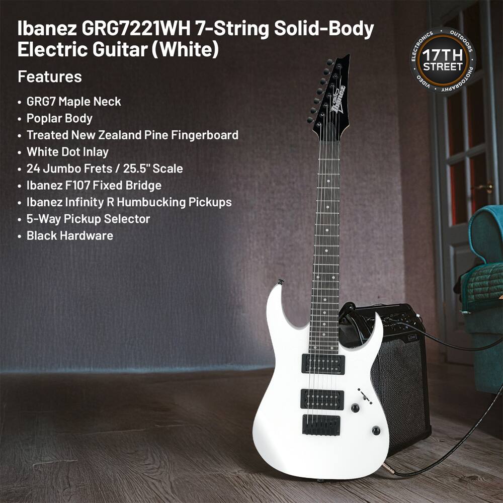 Ibanez GRG7221WH 7-String Solid-Body Electric Guitar (White)

Features:
- GRG7 Maple Neck
- Poplar Body
- Treated New Zealand Pine Fingerboard
- White Dot Inlay
- 24 Jumbo Frets / 25.5" Scale
- Ibanez F107 Fixed Bridge
- Ibanez Infinity R Humbucking Pickups
- 5-Way Pickup Selector
- Black Hardware