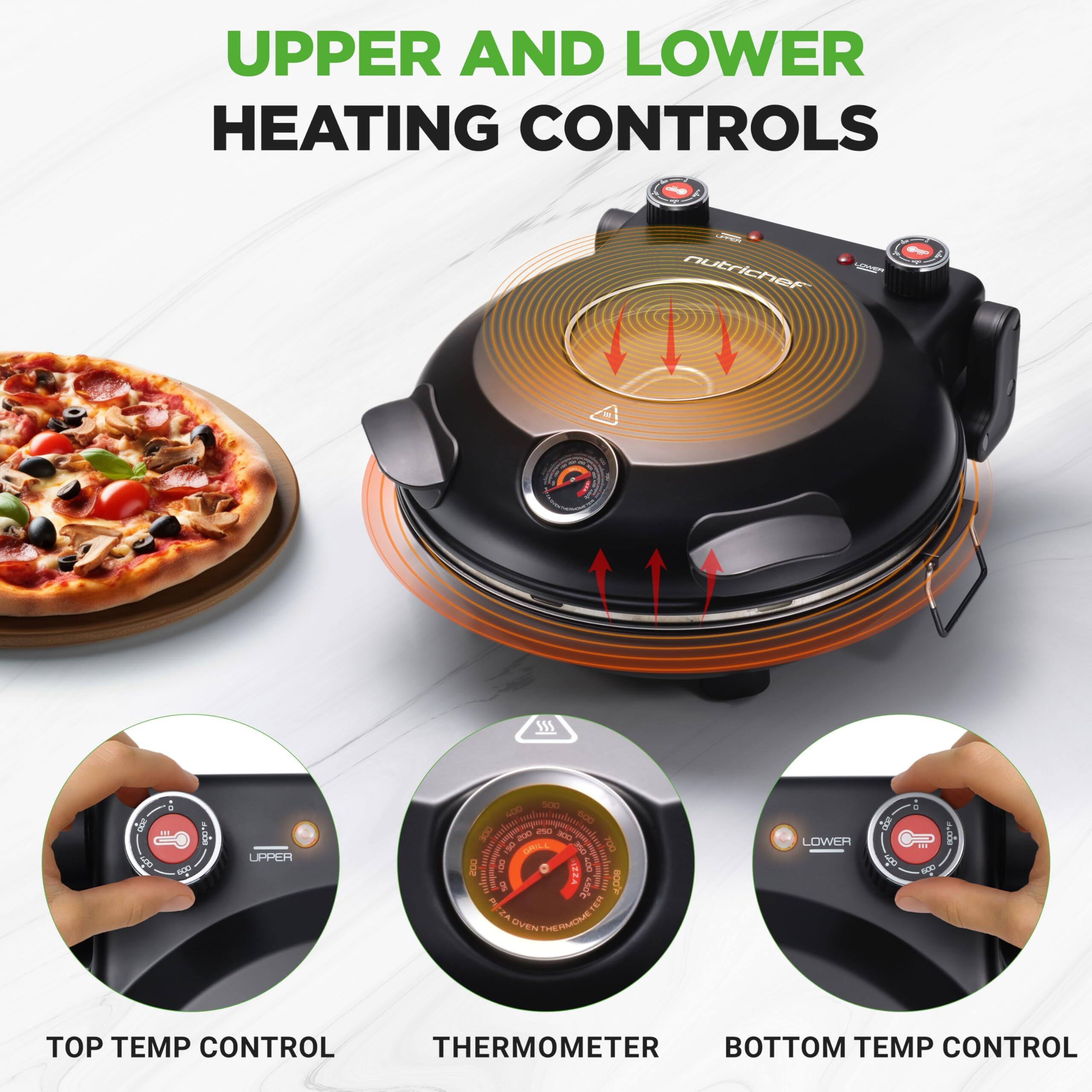 UPPER AND LOWER HEATING CONTROLS

TOP TEMP CONTROL

THERMOMETER

BOTTOM TEMP CONTROL